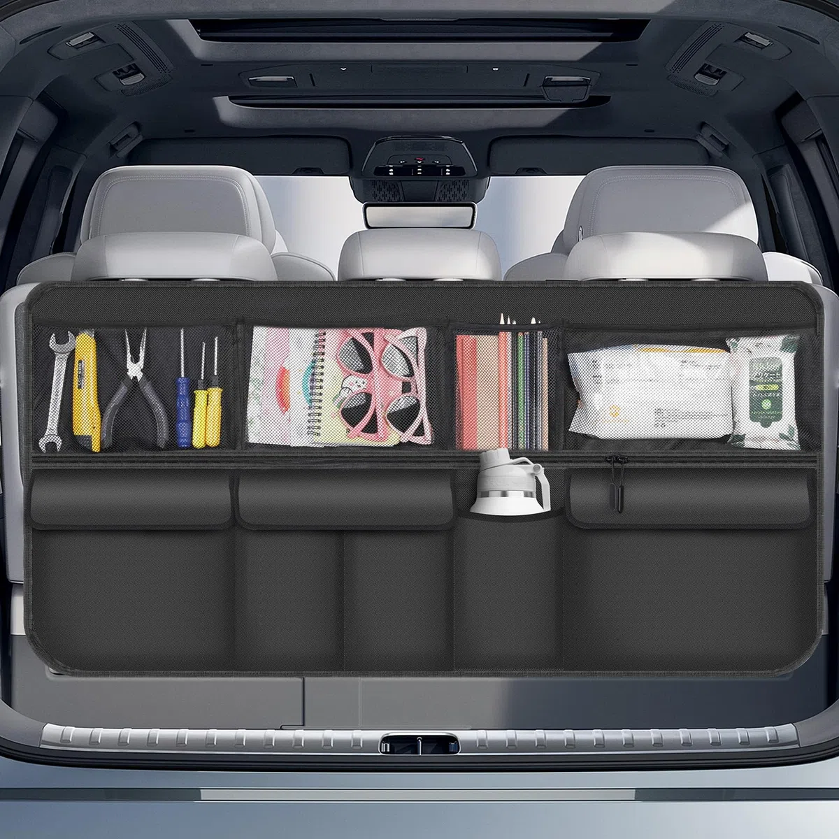 Romon Organizador de Maletero - Organizador de Maletero con Adhesivo de Doble Cara para Arañazos, Plegable, Impermeable, Resistente a la Suciedad con 9 bolsillos, 105x51 Cm, para SUV, Negro