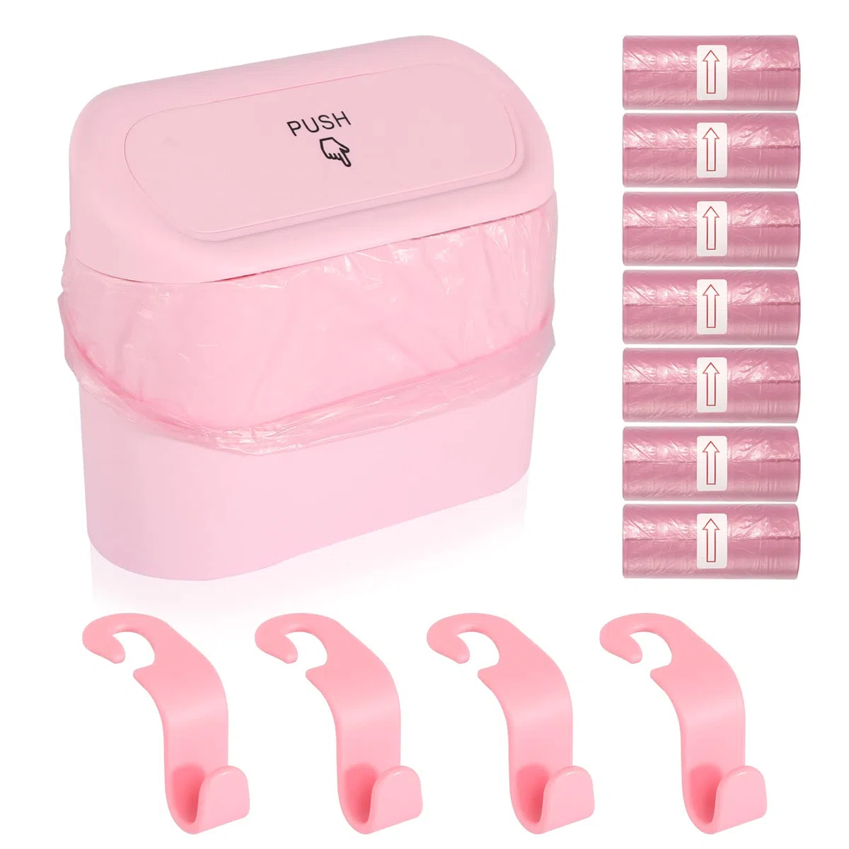 DUTIFUL Cubo de basura pequeño para coche, con tapa, con 105 bolsas de basura y 4 ganchos para asiento de coche, accesorios para almacenamiento y organización