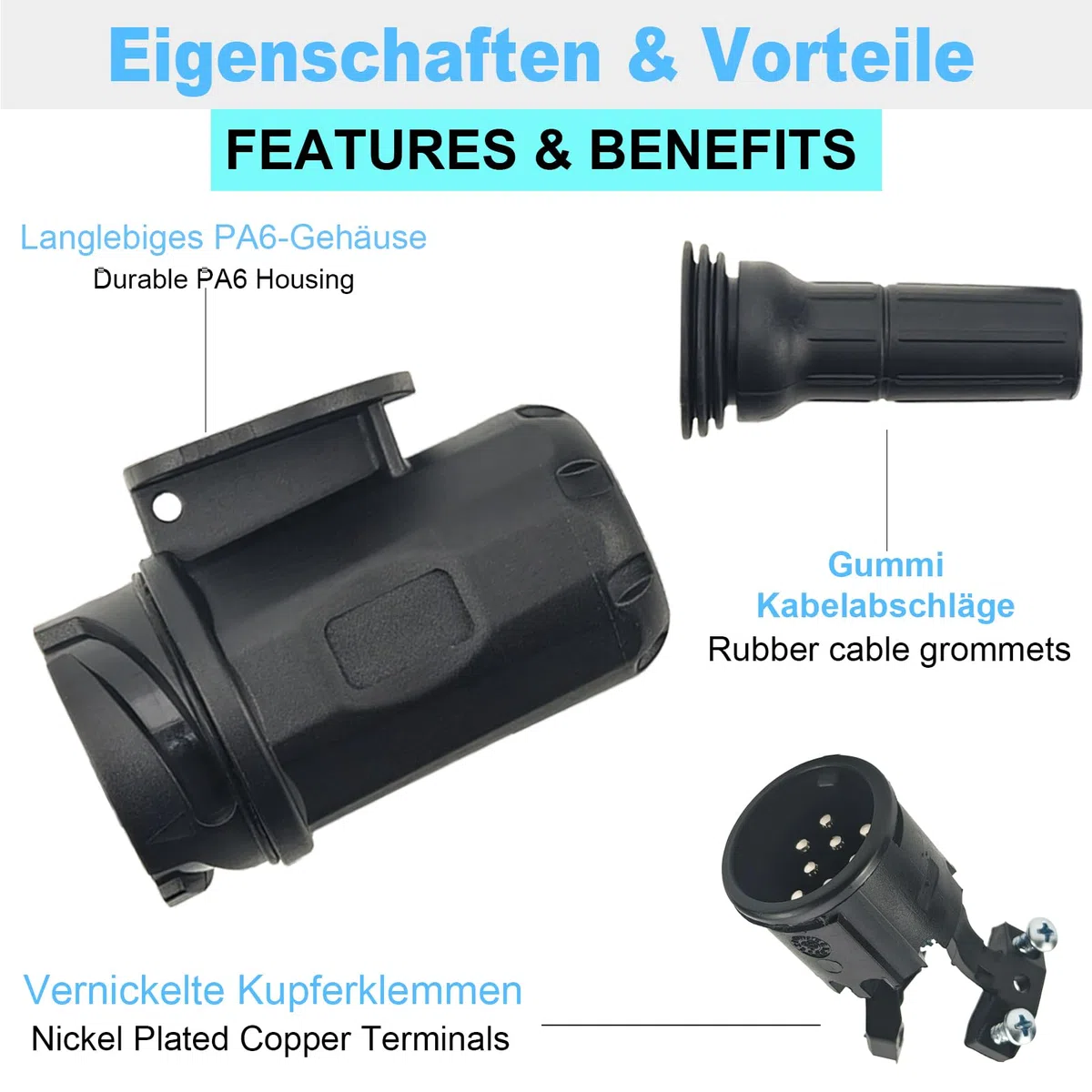 Conector de remolque, Conector de remolque premium - 13/8 polos con contacto de rosca según ISO 11446, para remolques de 12 V, incluye cubierta de estacionamiento, conector de 13 polos (conector