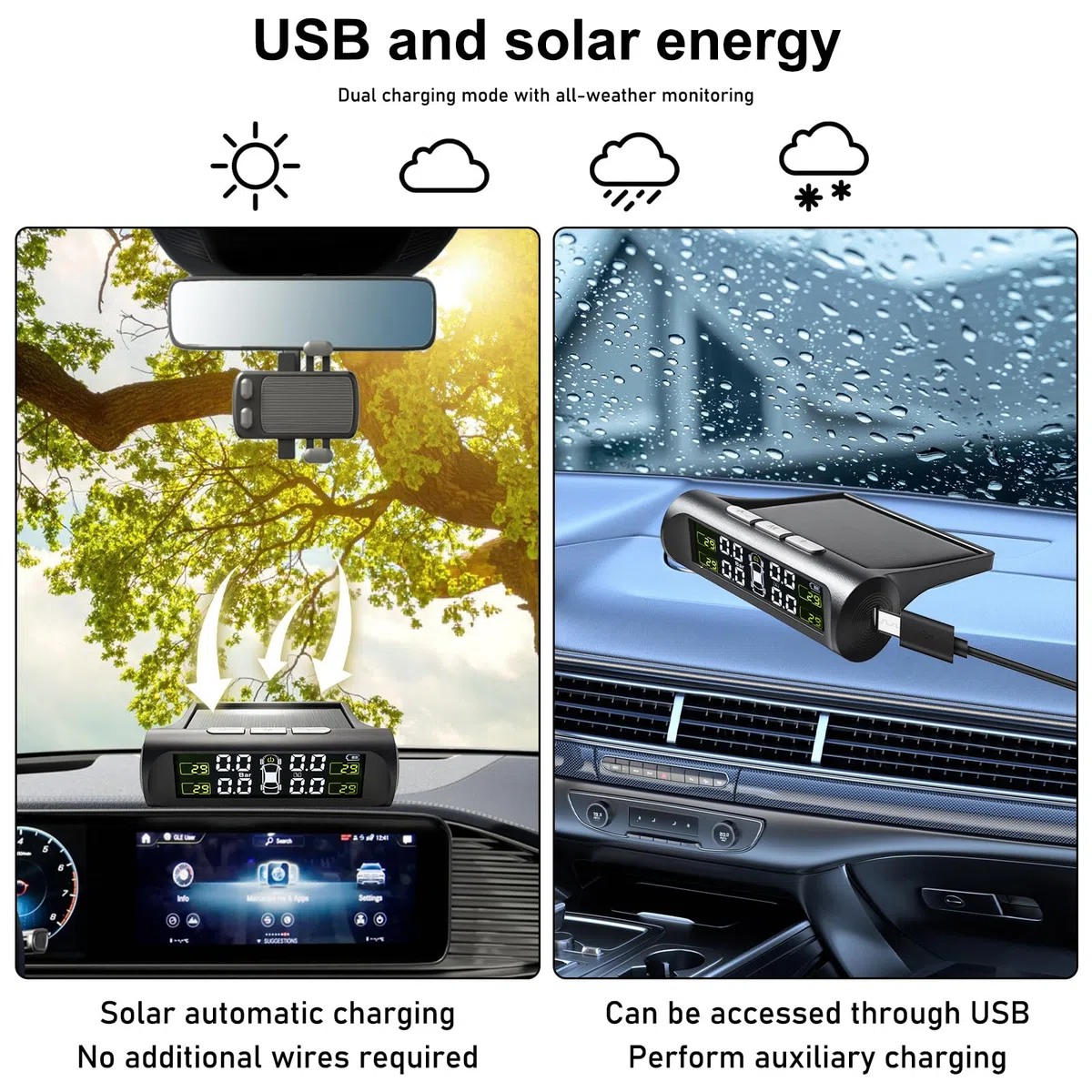 GBKDQQ TPMS Sistema de Control de Presión de Neumáticos, 4 Sensores Externos, Alarma de Temperatura y Vehículo, Sistema de Control de Presión de Neumáticos Solar Sistema de Control de Presión de