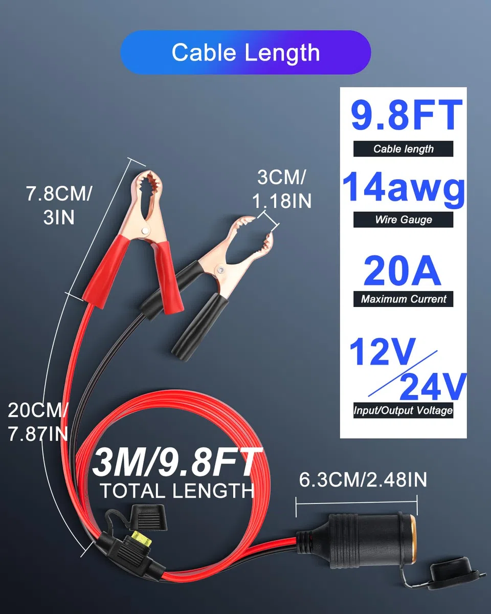 Clips de batería de 9.8 pies a enchufe de encendedor de cigarrillos de coche, 12 V/24 V 14 AWG, enchufe hembra de encendedor de cigarrillos, cable de extensión para baterías automotrices