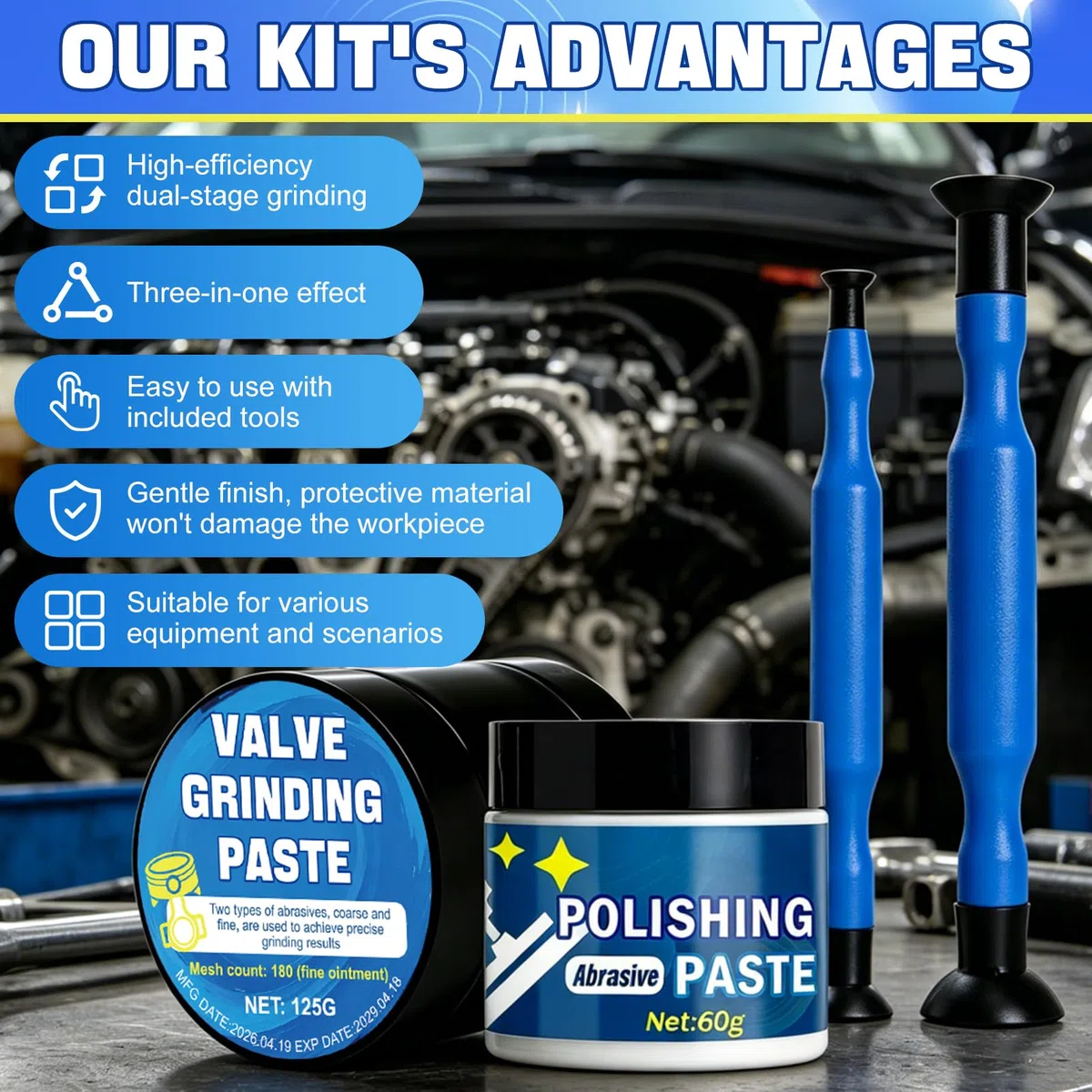 Pasta Esmerilar Valvulas, 125 * 2 Kit de Esmerilado para Válvulas, 60g Pasta de Pulir, Varios Coches, Motocicletas, Maquinaria Agrícola, Motores