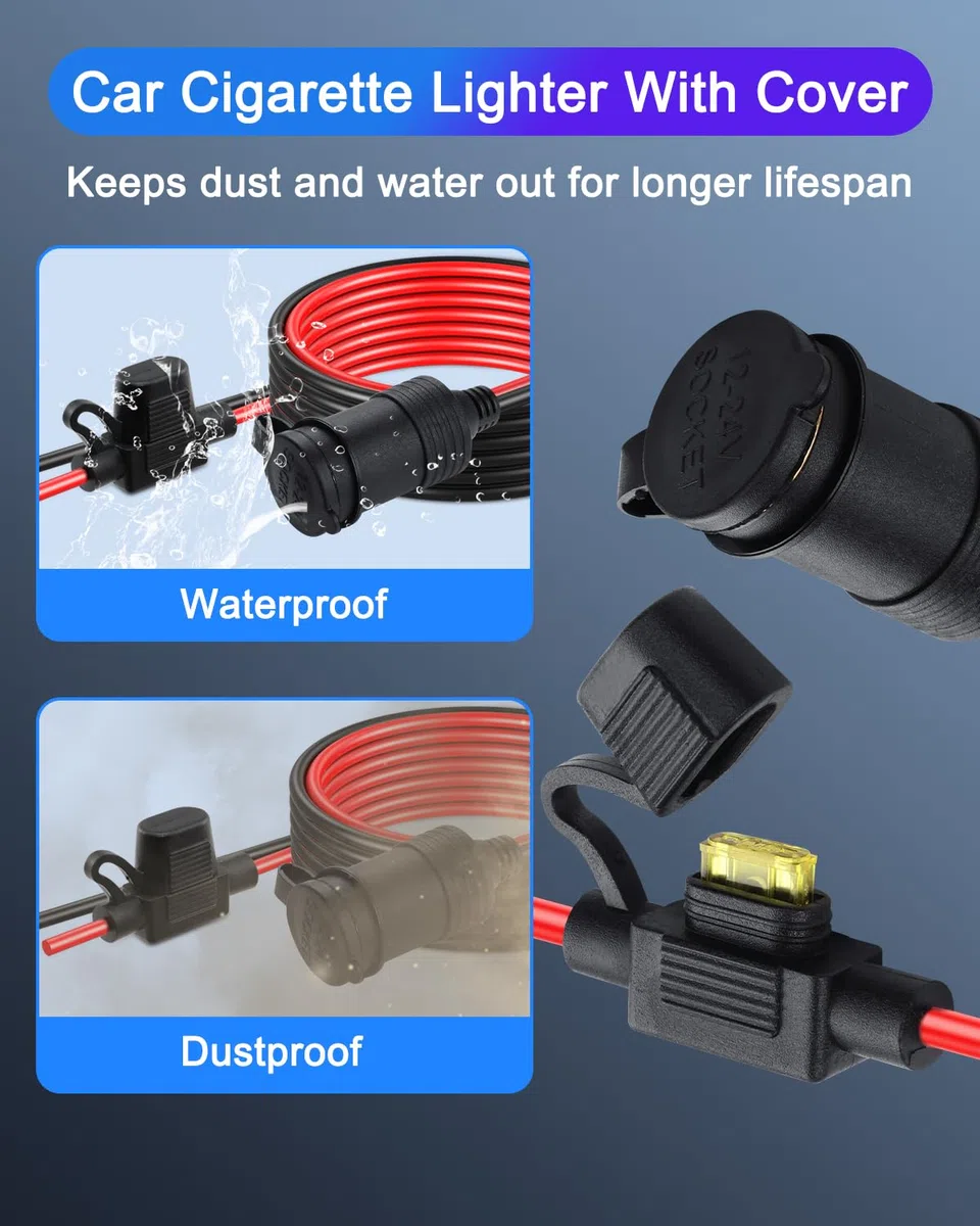 Clips de batería de 9.8 pies a enchufe de encendedor de cigarrillos de coche, 12 V/24 V 14 AWG, enchufe hembra de encendedor de cigarrillos, cable de extensión para baterías automotrices