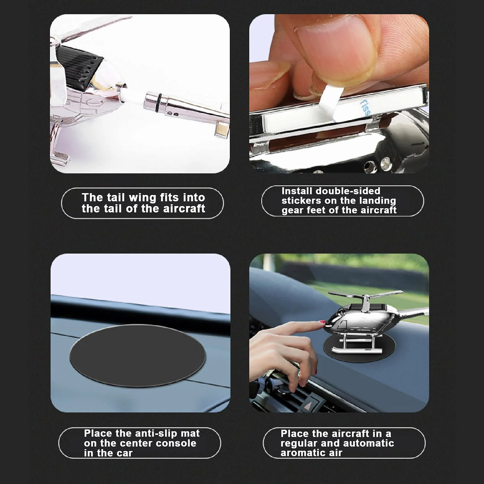 Ambientador solar de helicóptero para coche, difusor de aromaterapia, adorno para vehículos con 3 tabletas de fragancia para decoración de interiores y automóviles (plateado)
