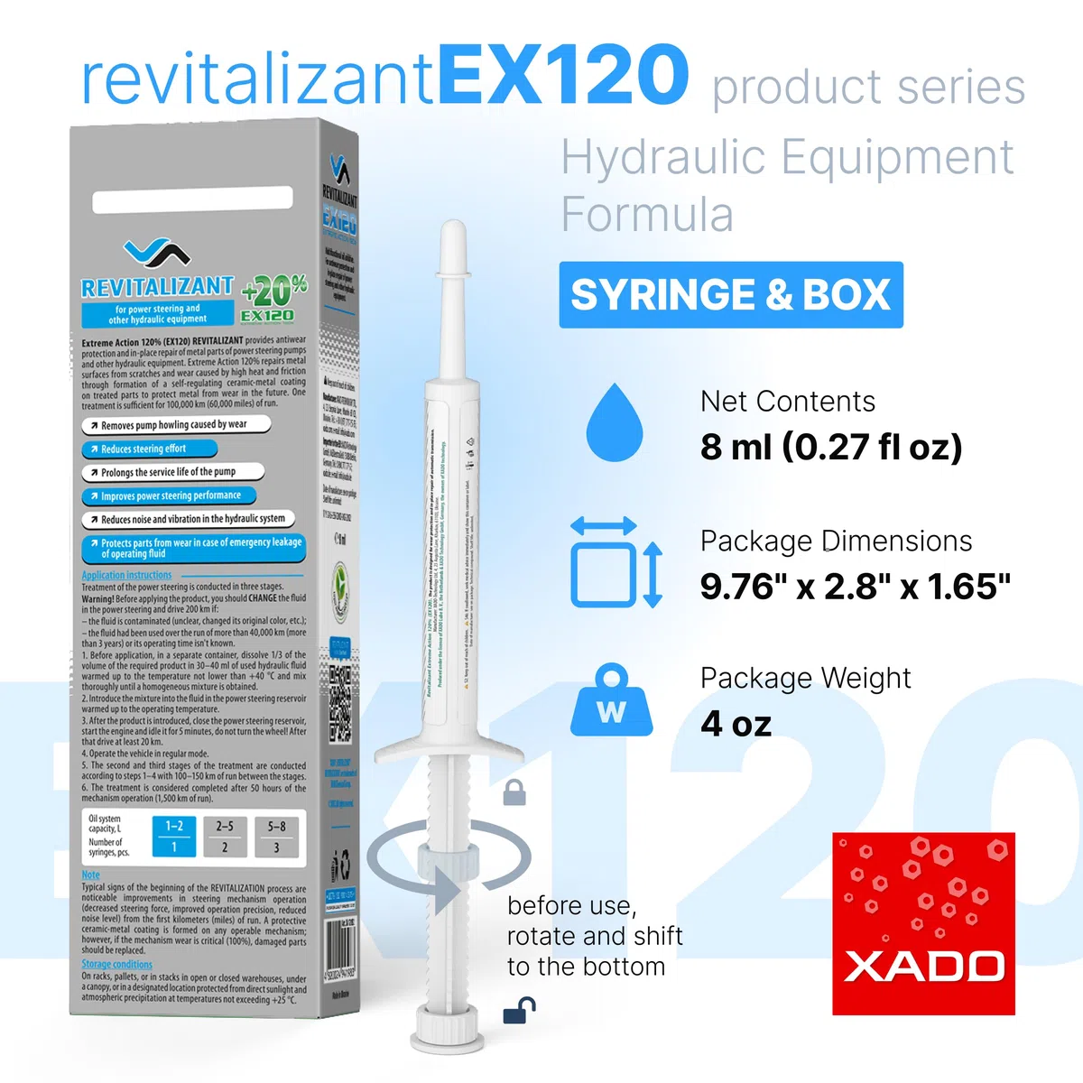 XADO EX120, aditivo para aceite de dirección asistida hidráulica con Revitalizant concentrado, protege y recupera las superficies desgastadas de los sistemas hidráulicos
