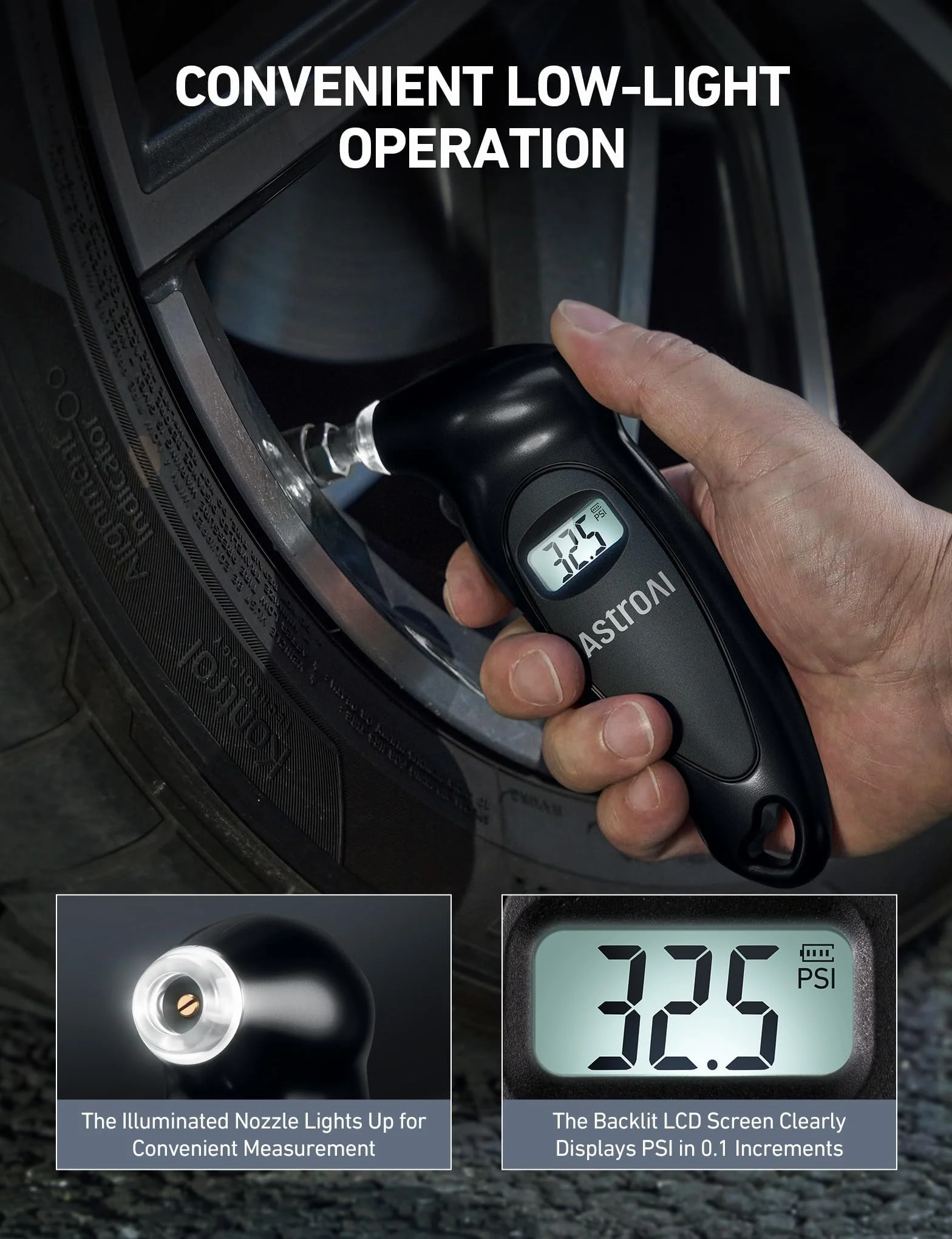 AstroAI Manómetro Digital de Neumáticos con Pilas AAA Reemplazables, 150 PSI 4 Ajustes Rellenos de Calcetines para Coche, Camión, Bicicleta, LCD Retroiluminado, Accesorios para Coches, Negro