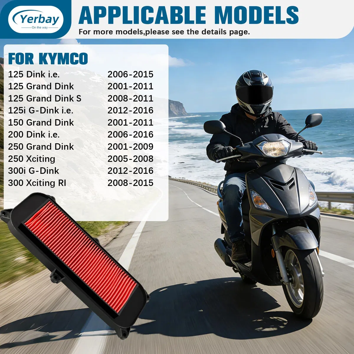 Filtro de aire para Kymco 125 Dink i.e. 2006-2015/125 Grand Dink 2001-2011/150 Grand Dink 2001-2011/250 Xciting 2005-2008/300 Xciting RI 2008-2015