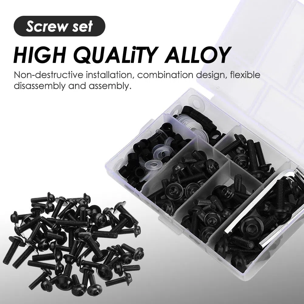 158 Piezas Kit de Tornillos de Carenado de Motocicleta, Universal Tornillos para Parabrisas de Motocicleta de Aluminio, M5 M6 Kits de Montaje de Carrocería Arandelas Tuercas Tornillos Clips(Negro)
