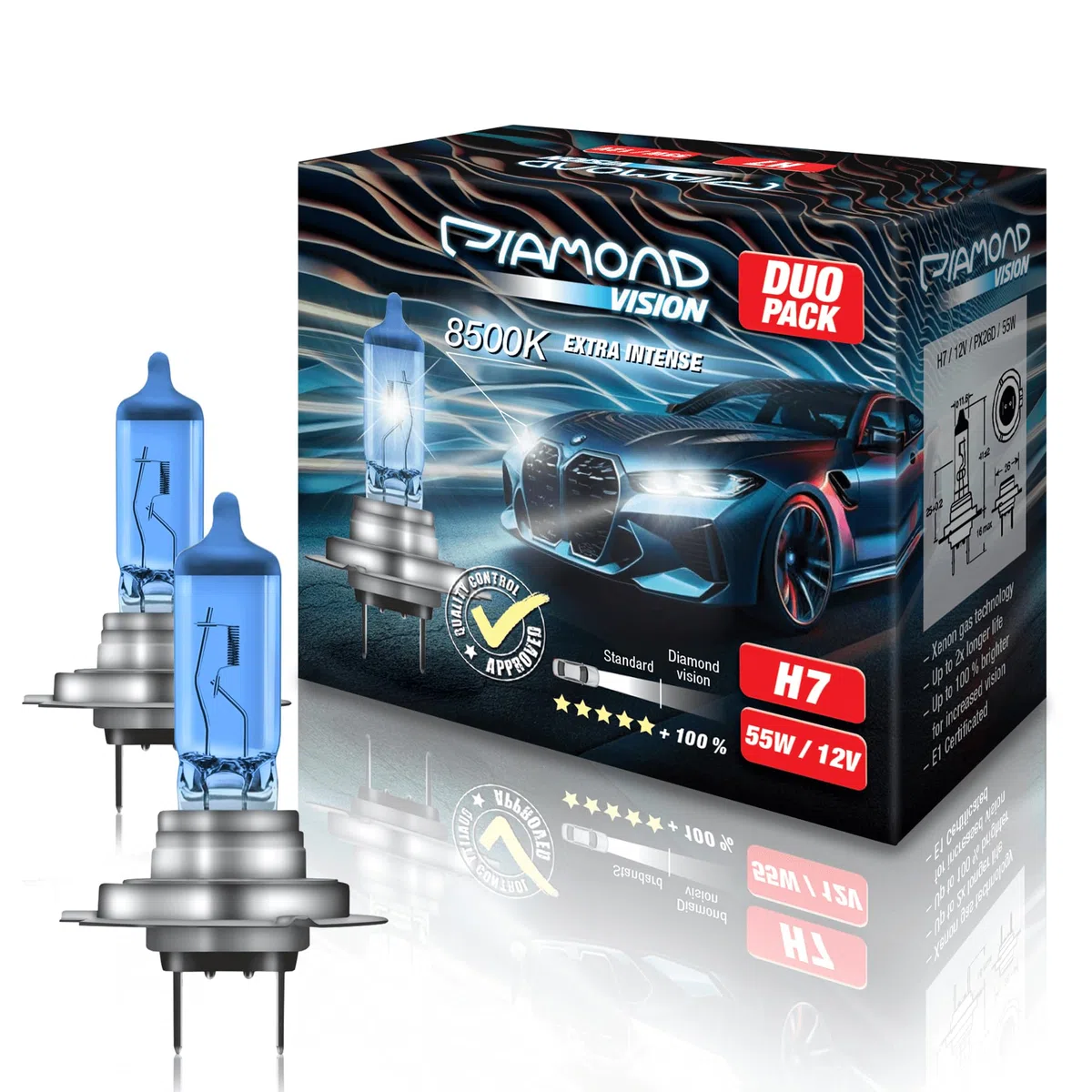 Juego de 2 bombillas H7 de xenón de Diamond Vision, 12 V, 55 W, luz muy blanca de 8500 K, muy duraderas, con certificación E, adaptación 100%, luz de cruce, luz de ráfagas, PX26D