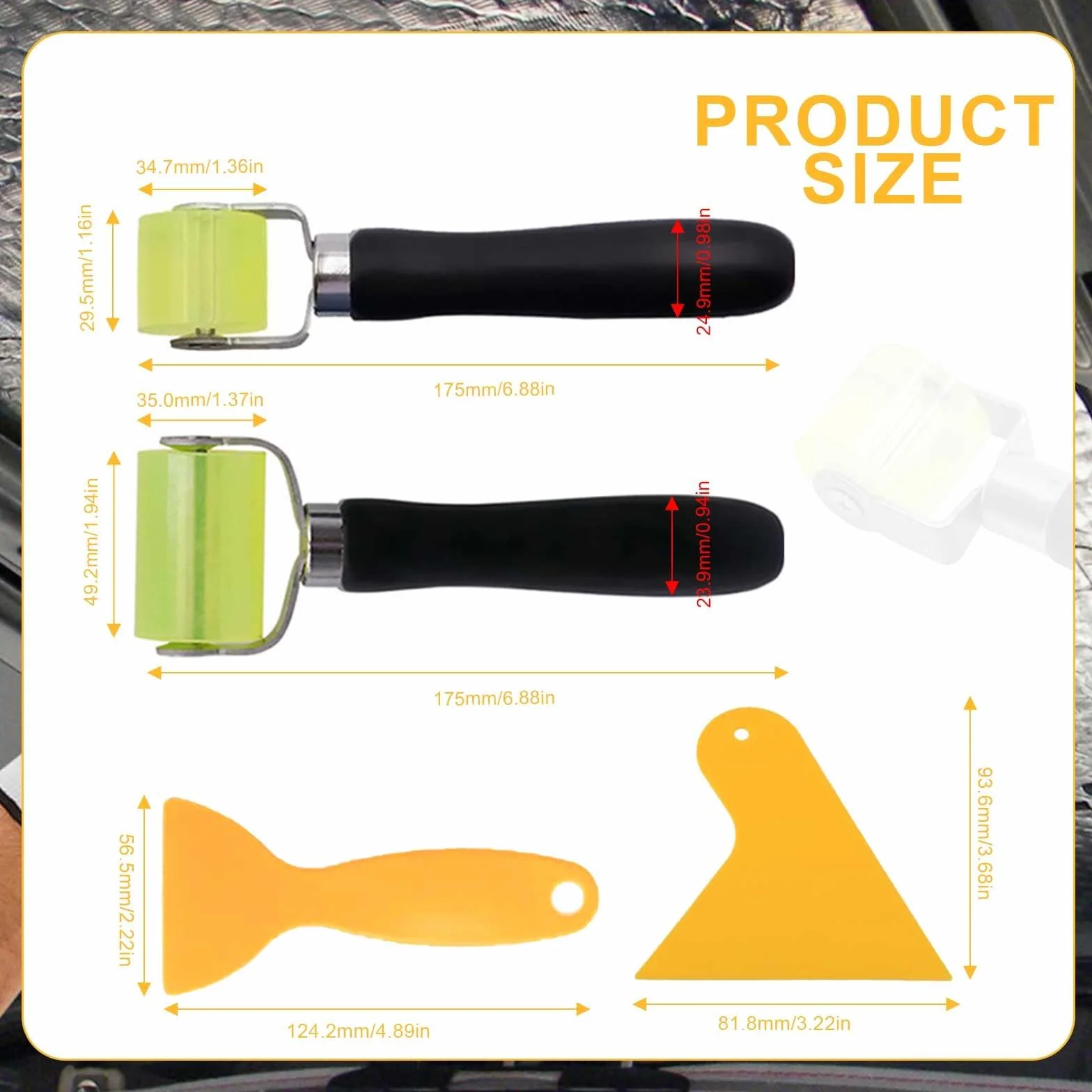 Rodillo Presión para Coche 2 Piezas 30 mm + 50 mm, Cabezal Silicona Rodillo Presionador, Kit Rodillos Insonorizantes con 6 Raspadores, para Sellar Bordes Esteras Insonorizantes