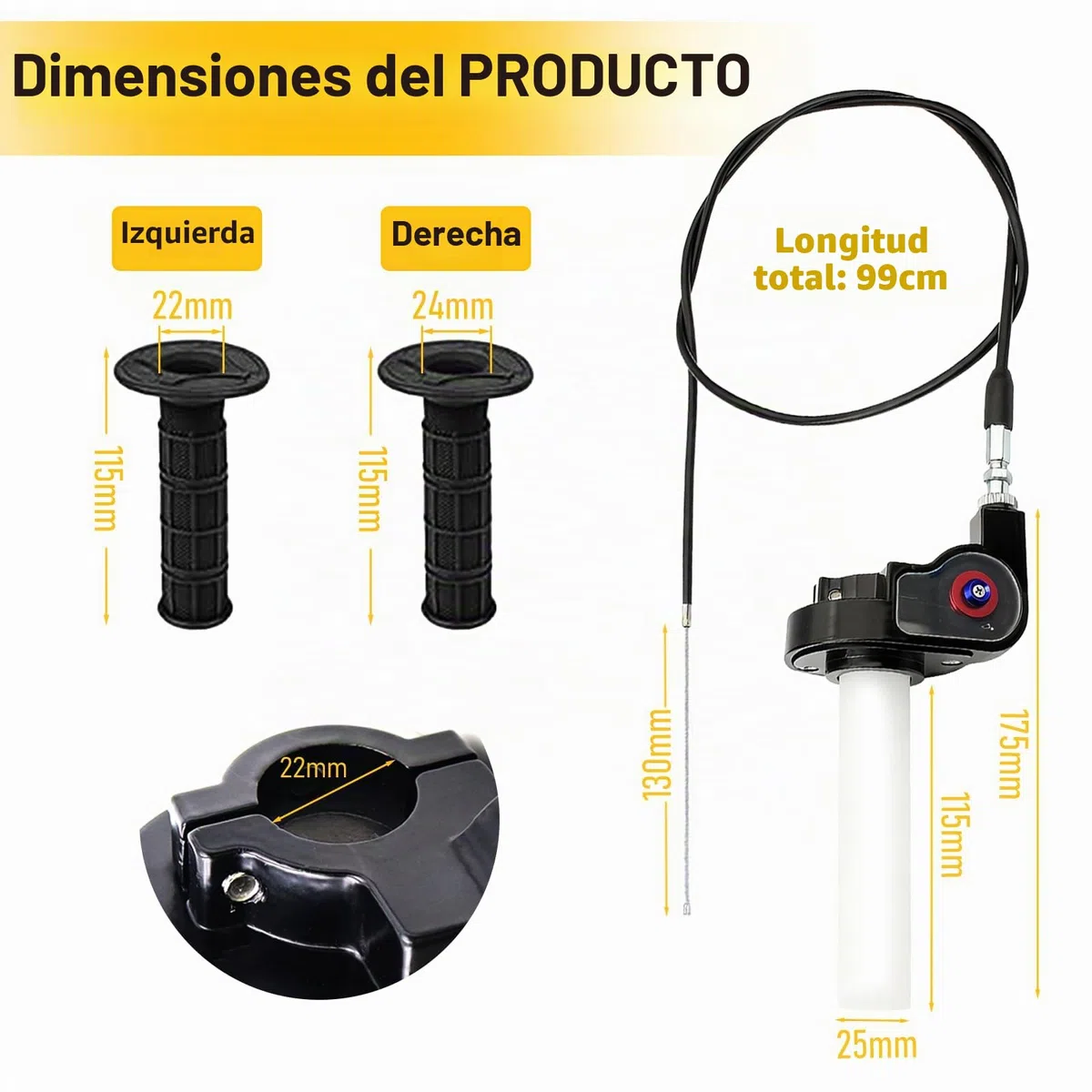 Juego Cable Puño Acelerador con 1.2M Cable Acelerador Moto y 2 Empuñadura de Acelerador 7/8 '' 22 mm Conjunto Acelerador Moto para 50 110 125 150 200 250cc Dirt Bike Mini Bike ATV