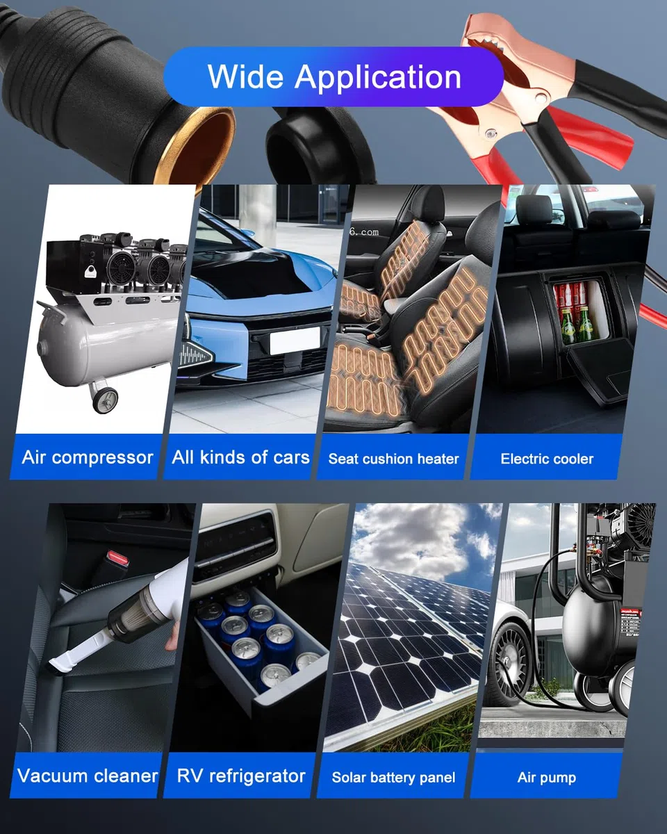 Clips de batería de 9.8 pies a enchufe de encendedor de cigarrillos de coche, 12 V/24 V 14 AWG, enchufe hembra de encendedor de cigarrillos, cable de extensión para baterías automotrices