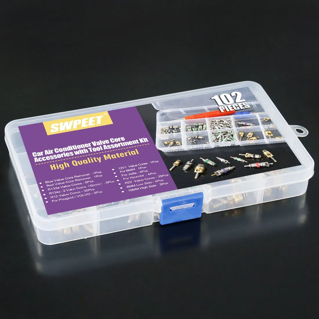 Swpeet Kit de 102 piezas de accesorios para núcleo de válvula de aire acondicionado, incluyendo surtido R12 R134a núcleo de válvula refrigeración núcleos de vástago de válvula de neumático con