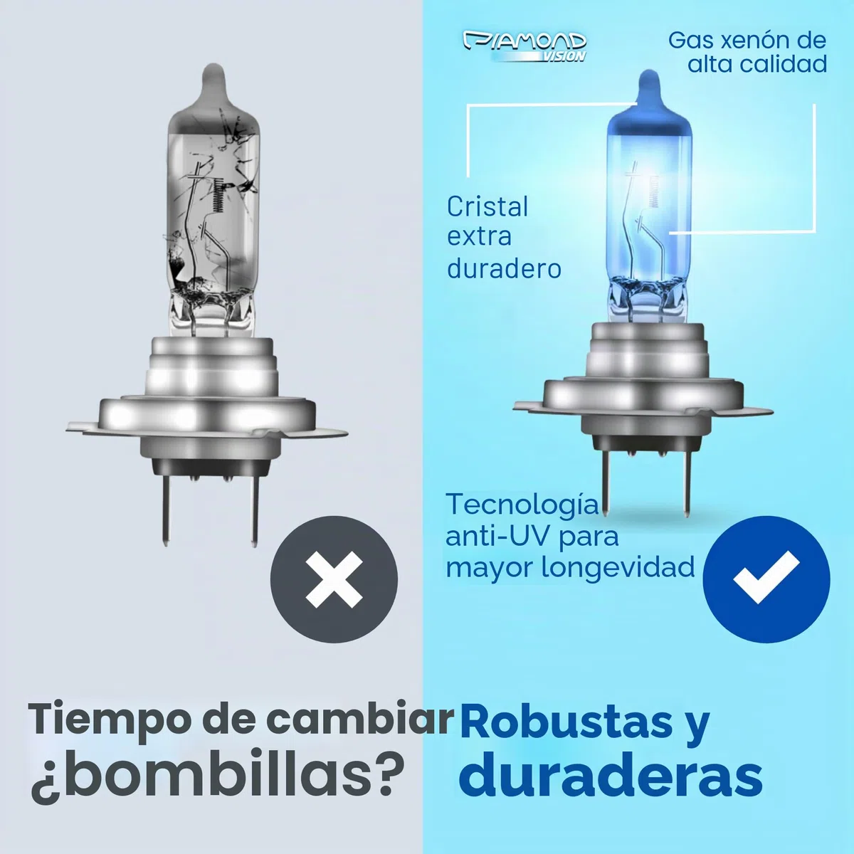 Juego de 2 bombillas H7 de xenón de Diamond Vision, 12 V, 55 W, luz muy blanca de 8500 K, muy duraderas, con certificación E, adaptación 100%, luz de cruce, luz de ráfagas, PX26D
