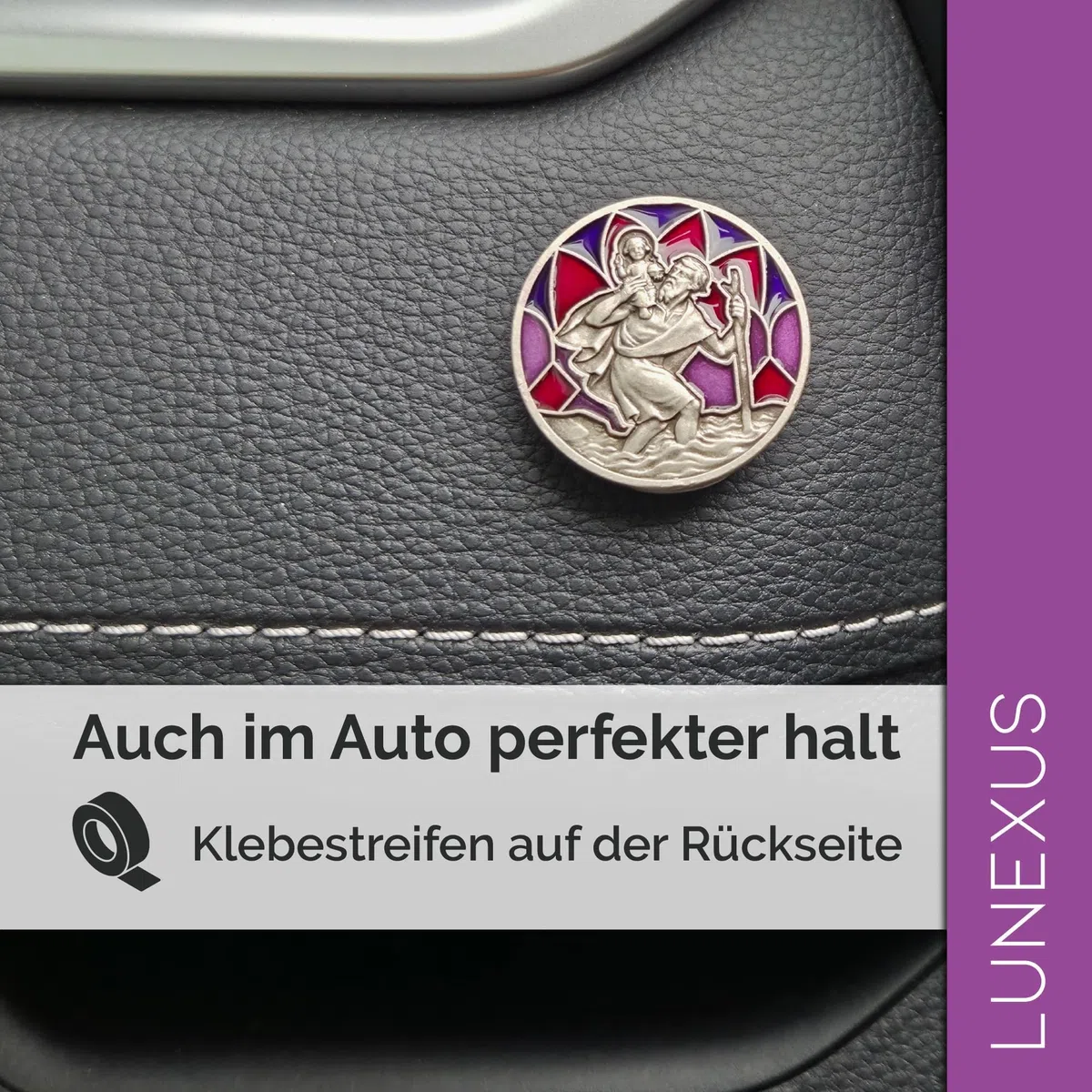Placa de Coche de San Cristóbal Morado - Bendecido con Certificado - Incluye Bolsa de Terciopelo - Imán y Tiras Adhesivas - Amuleto de la Suerte Conductor patrón Viajero - Regalo Cristiano