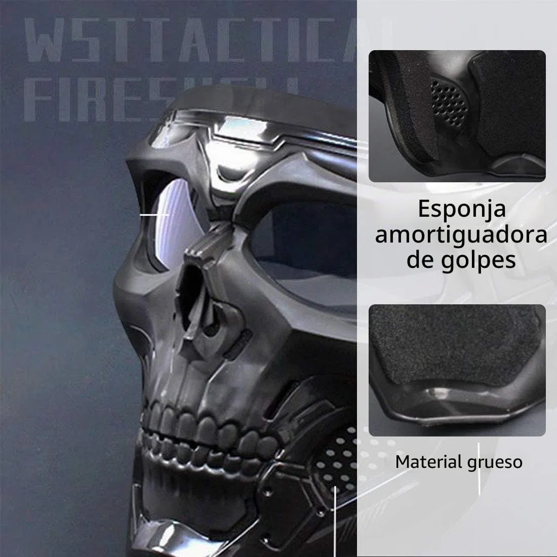 Máscara de Mensajero de Calavera de Halloween con máscara Facial extraíble, máscara Facial de Motocicleta con Gafas Desmontables y Filtro de Boca para Cascos Vintage