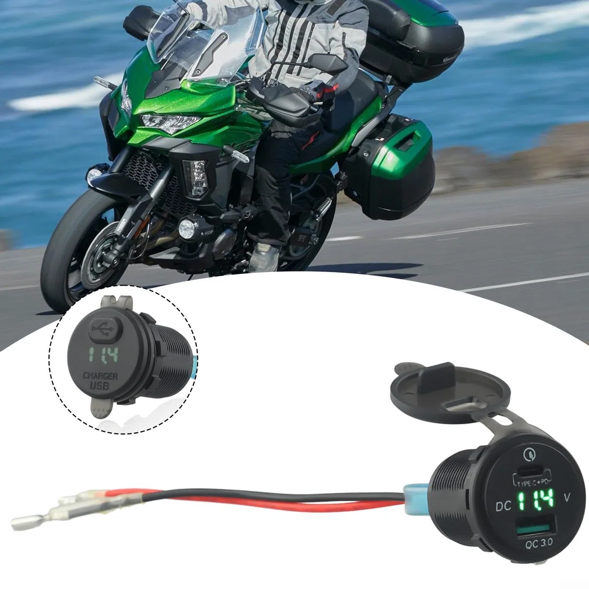 USB-Type-C para QC3.0 Relé de cargador rápido para Kawasaki Versys 650 1000 X300 para 400 650 Accesorio de motocicleta compatible modelos 2014-2020 Entrada negra 10-15V Salida 5V