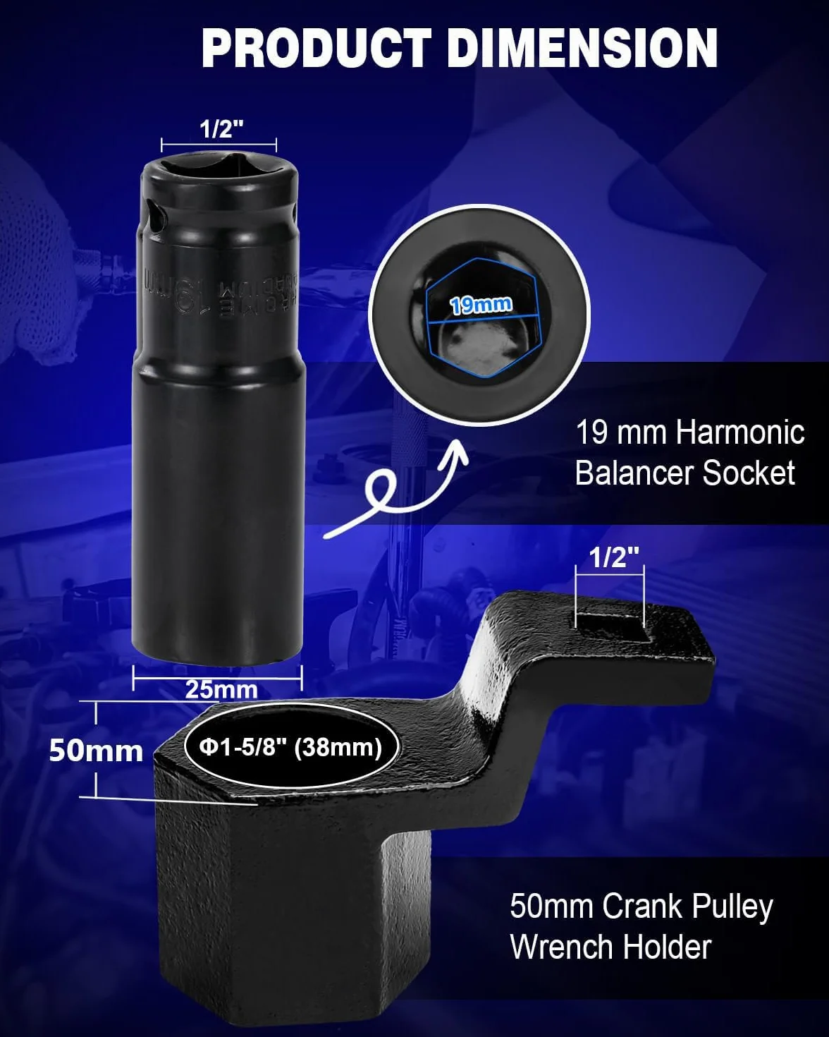 Greluma Juego de Llaves de Vaso equilibradoras armónicas de 19 mm y Soporte para polea de cigüeñal de 50 mm, Herramienta de extracción y sujeción, Compatible con Motores Honda y Acura