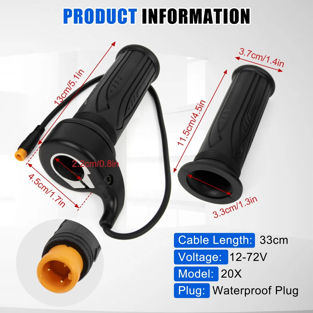 PSLER 20X Acelerador de giro completo para EBike, acelerador de 12V-72V de 3 pines para manillar de 22,2 mm para bicicleta eléctrica, scooter, motocicleta con conector impermeable