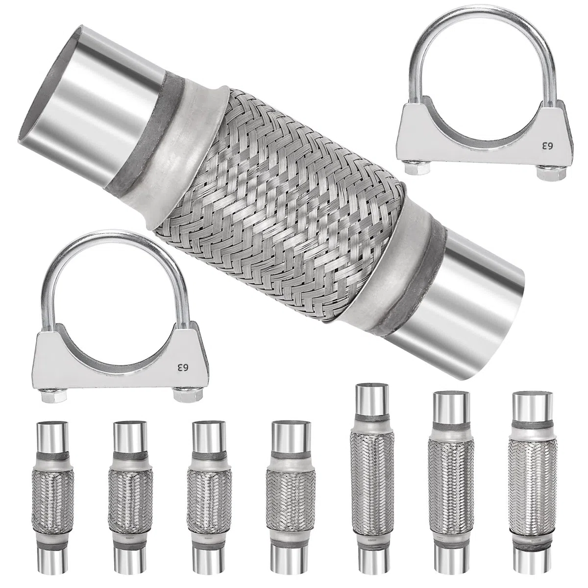 Swpeet 3 piezas tubo flexible de escape de 2,5 x 6 pulgadas con kit de abrazadera en U de escape de 2,5 pulgadas, tipo universal de acero inoxidable de doble trenza, tubo flexible de escape ideal para