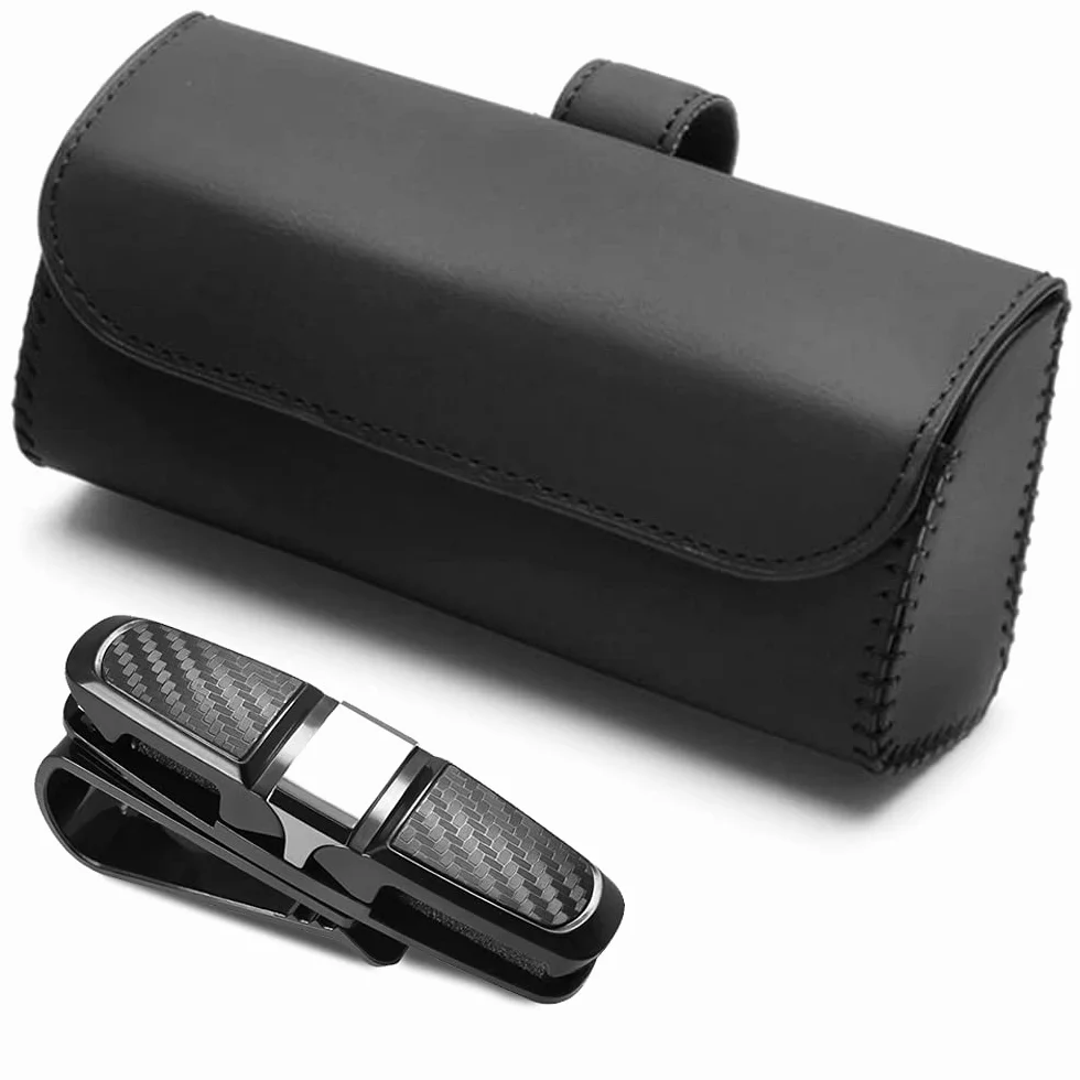 Caja organizadora de Gafas y Soporte para Gafas, Clip para Visera de Coche, Funda de Almacenamiento de Cuero para Gafas de Sol, Soporte para Gafas de Sol con Clip para Tarjeta