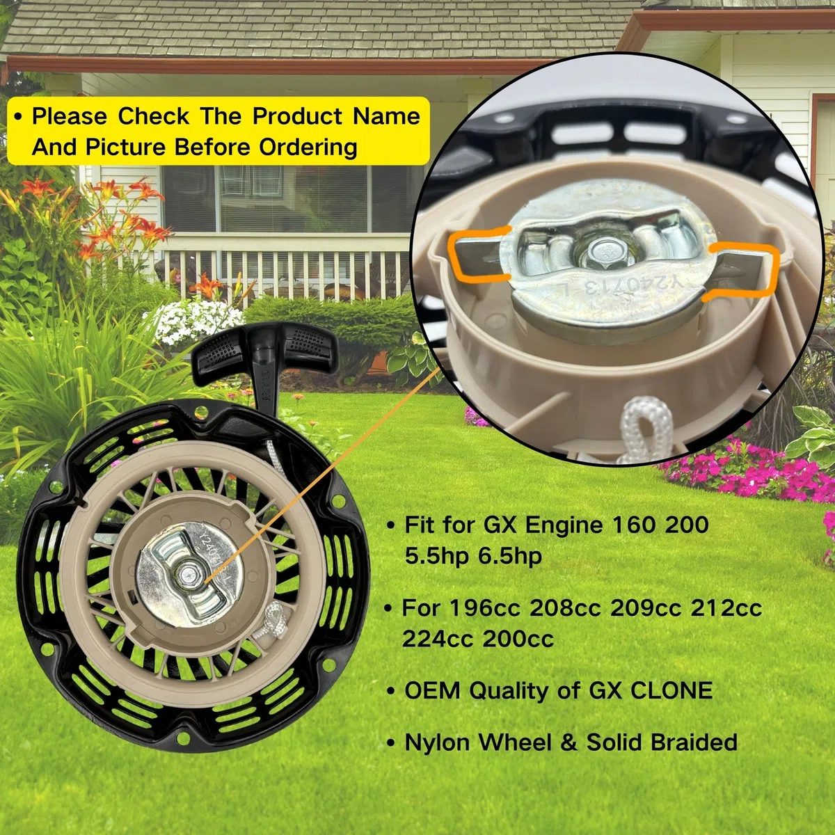 Conjunto de arranque manual GX160 GX120 GX200 cuerda de tracción negra con polea para motores pequeños Honda Champion Coleman Firman de 5.5 y 6.5 hp
