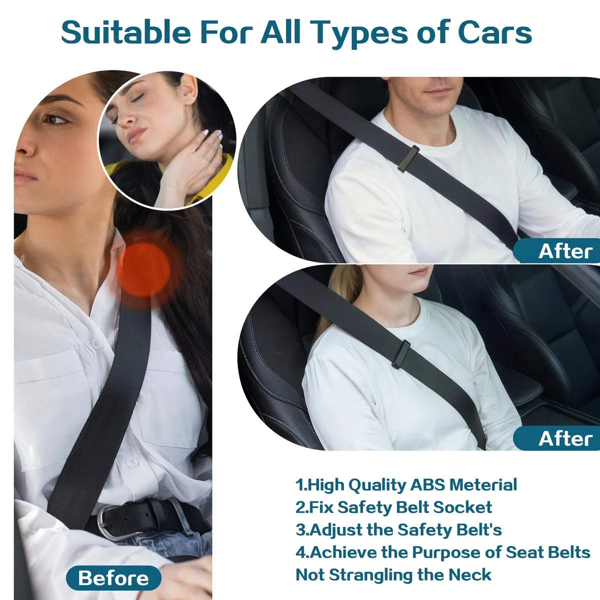 Ajusteur Universal de Ceinture de Sécurité Voiture - Réducteur de Pression pour Épaules et Cou - Pince à ceinture de sécurité noire, Pinces à ceinture de sécurité de voiture polyvalente (4 piezas)