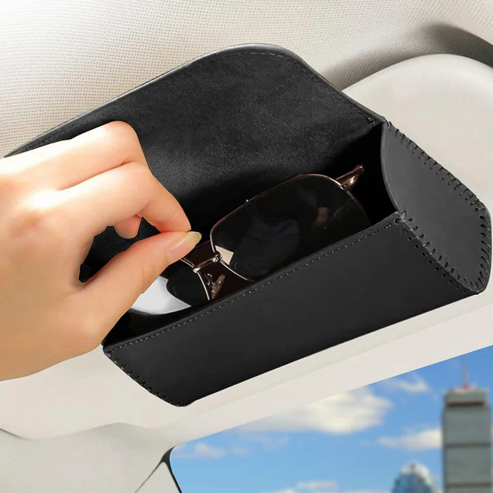 Caja organizadora de Gafas y Soporte para Gafas, Clip para Visera de Coche, Funda de Almacenamiento de Cuero para Gafas de Sol, Soporte para Gafas de Sol con Clip para Tarjeta