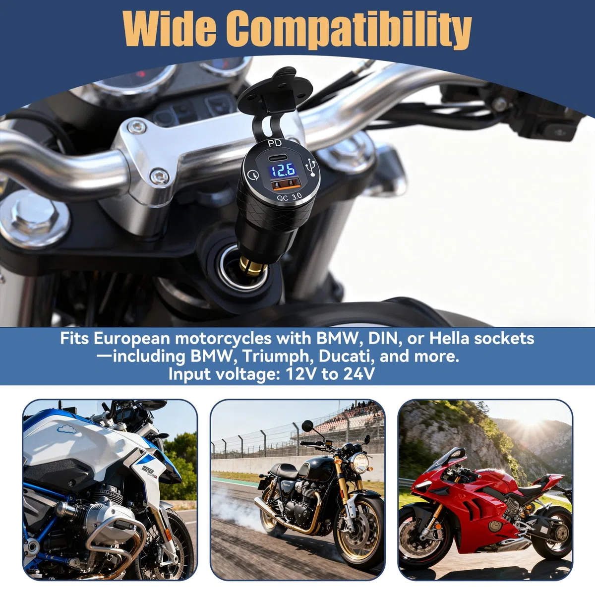 Toma USB C DIN para moto cargador, 30 W PD3.0 y 18 W QC3.0 Dual USB Din Hella Socket Plug Impermeable Aluminio Adaptador para encendedor de cigarrillos con LED Voltmeter, para 12 V/24 V Ducati Triumph