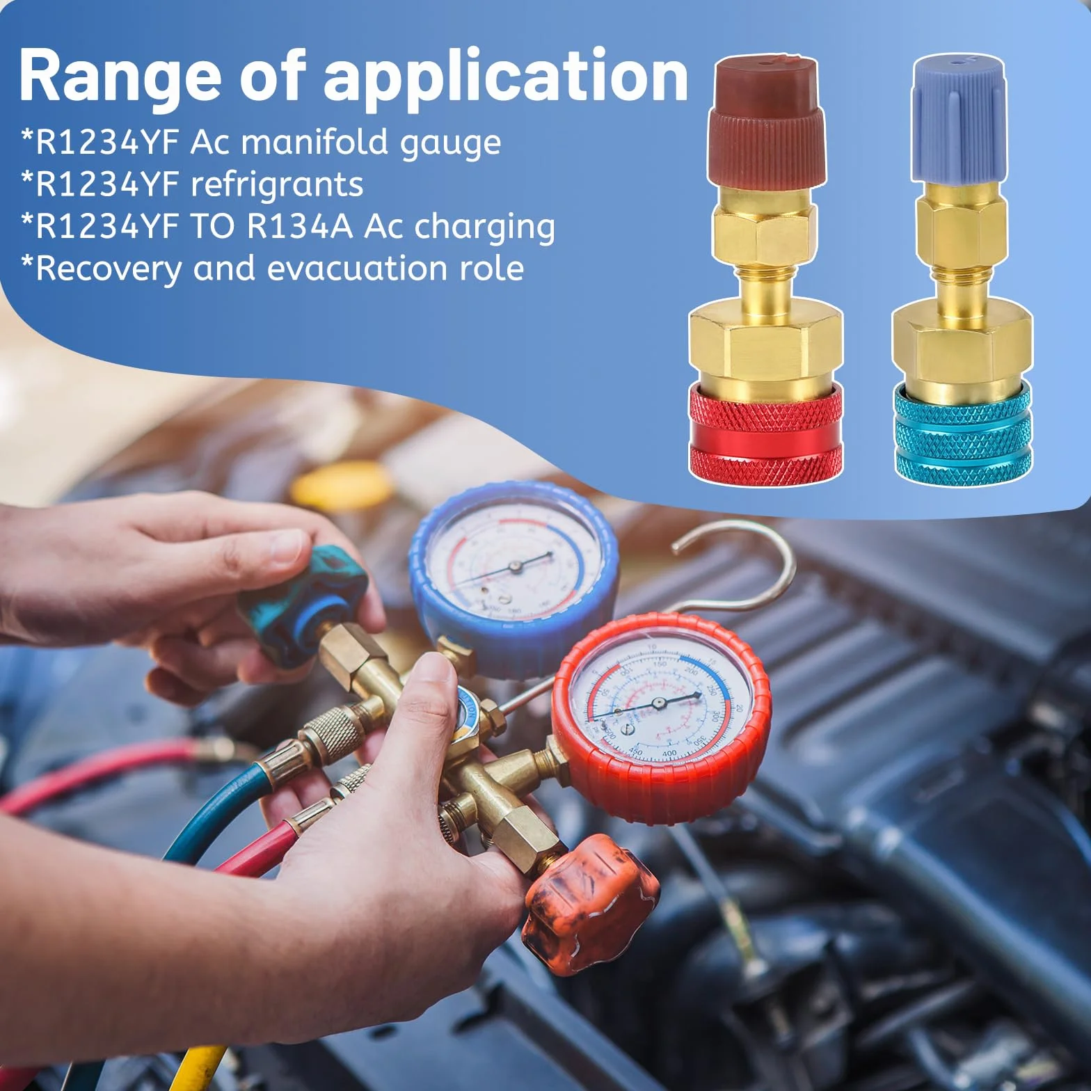 DBREAKS Juego de 2 Acopladores Rápidos R1234YF, Latón Adaptadores R1234yf a R134a, para R1234yf/R134a Recarga de Evacuación del Sistema de Refrigerante de CA del Automóvil