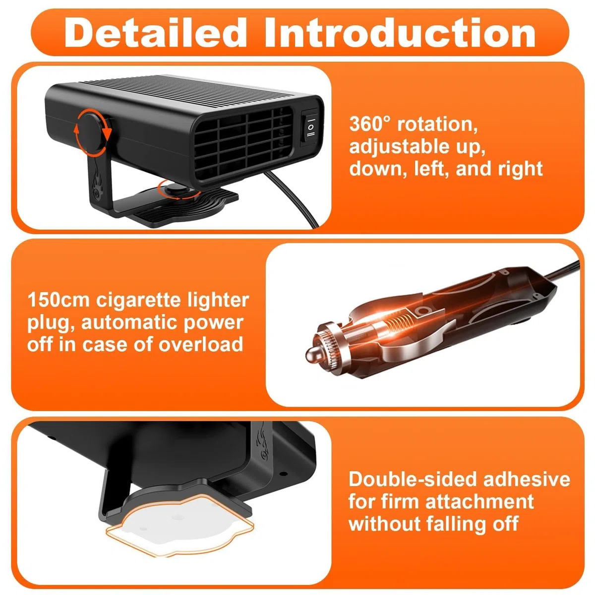 Calefactor Coche 12V 2 en 1 Calentador y Ventilador Portátil con Soporte Giratorio 360°, Desempañador y Descongelador Rápido para Parabrisas, Adecuado para Coche SUV Camión 120w