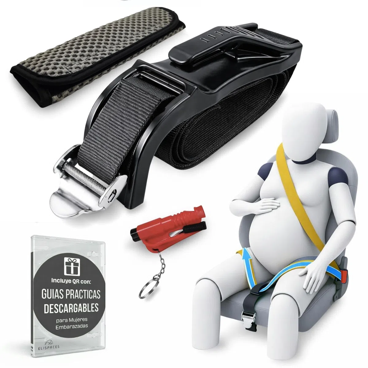 Adaptador de Cinturón Embarazada Coche Homologado | Accesorio Seguro con Hebilla Metálica | Incluye Hombrera Acolchada + Herramienta Multifunción + QR con Guías | Regalo Ideal para Premamás