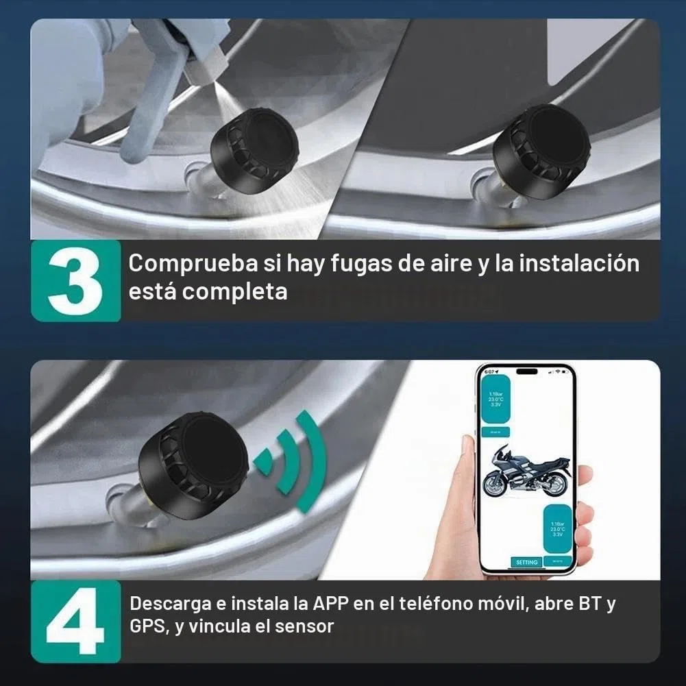 Sistema TPMS para motocicleta y coche - Monitorización de presión de neumáticos compatible con Bluetooth 5.0 con sistema Jump 2000A/1200A de arranque