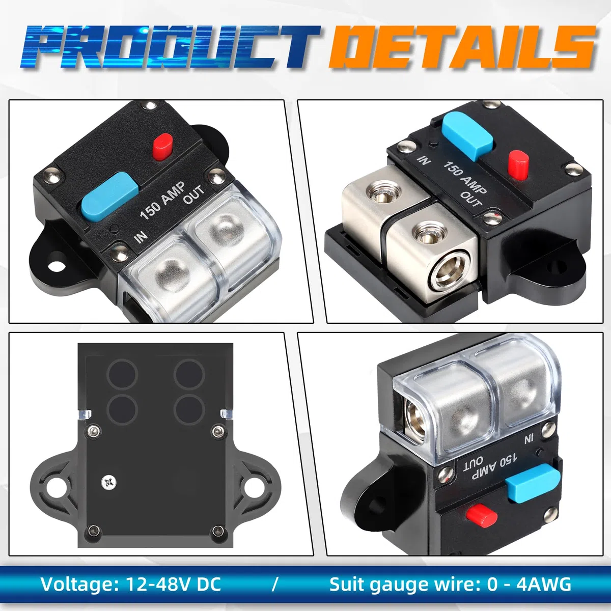 150 A Disjoncteur à réarmement automatique 12V / 48V Disjoncteur à réarmement automatique DC 12V-48V Disjoncteur de tension audio étanche Réarmement manuel pour voiture Automobile Marine RV C