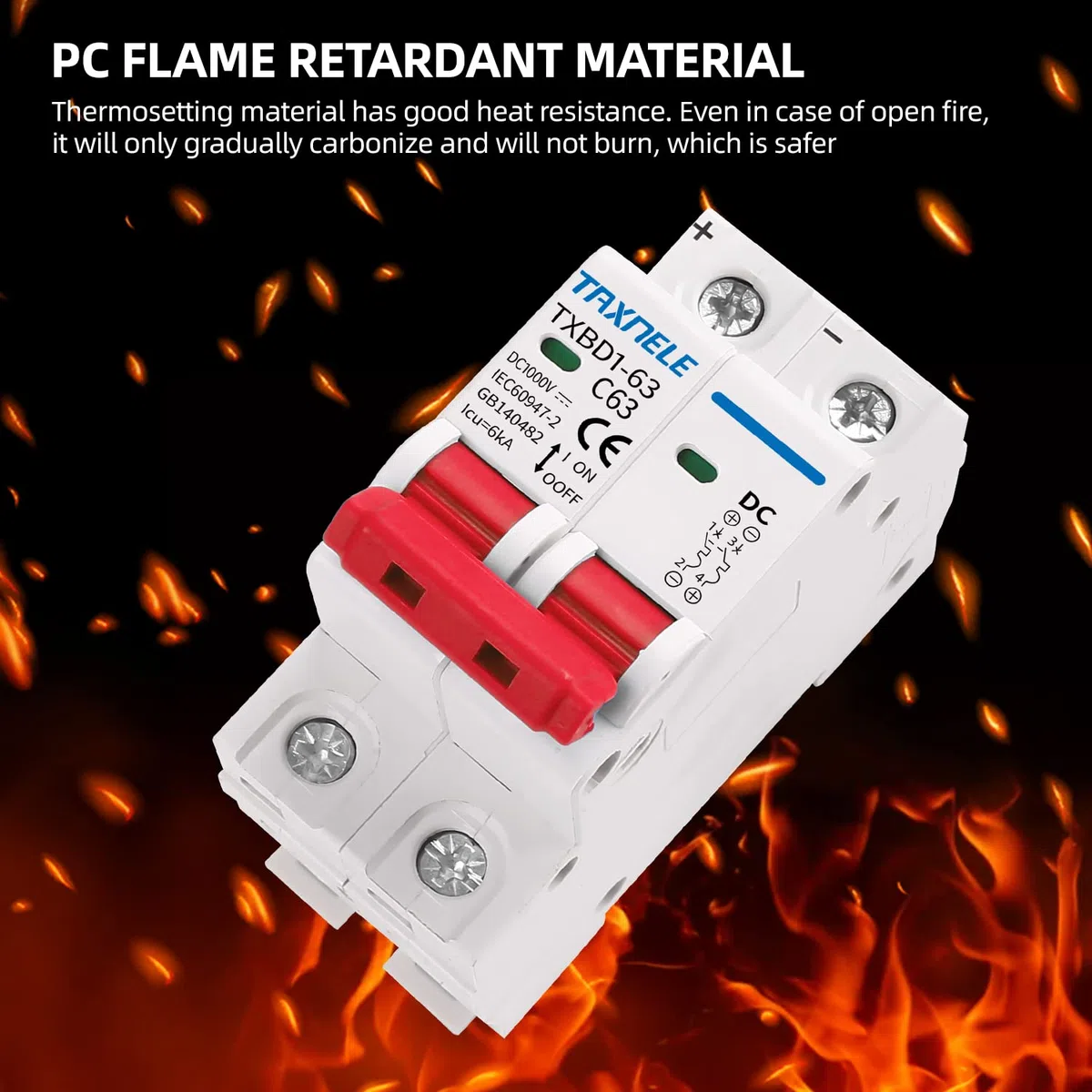 Disyuntor en miniatura DC MCB 2P DC 1000V Mini disyuntor solar Interruptor de batería Protección contra cortocircuitos Interruptor de desconexión Aislador para sistema solar fotovoltaico (63A)