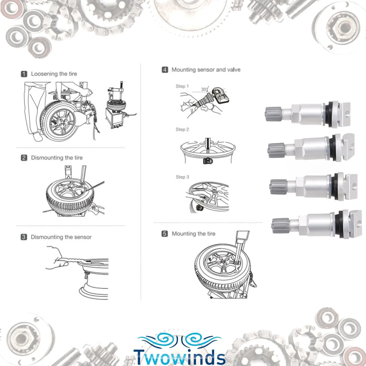 Twowinds - Válvula Sensor Presión Neumáticos 68001696AA Compatible con Jeep Patriot, Liberty, Grand Cherokee, Dakota, Land Rover Freelander 2, Discovery, Rang Rover - TPMS (set de 4)