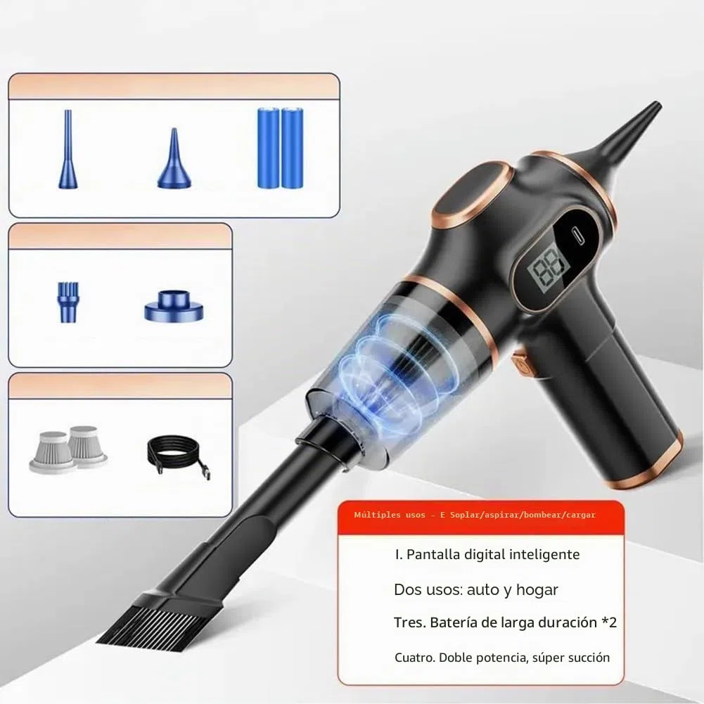 Aspirador de coche con batería de 1500mAh y potencia de 55W para uso en vehículos y hogar con pantalla (NEGRO)