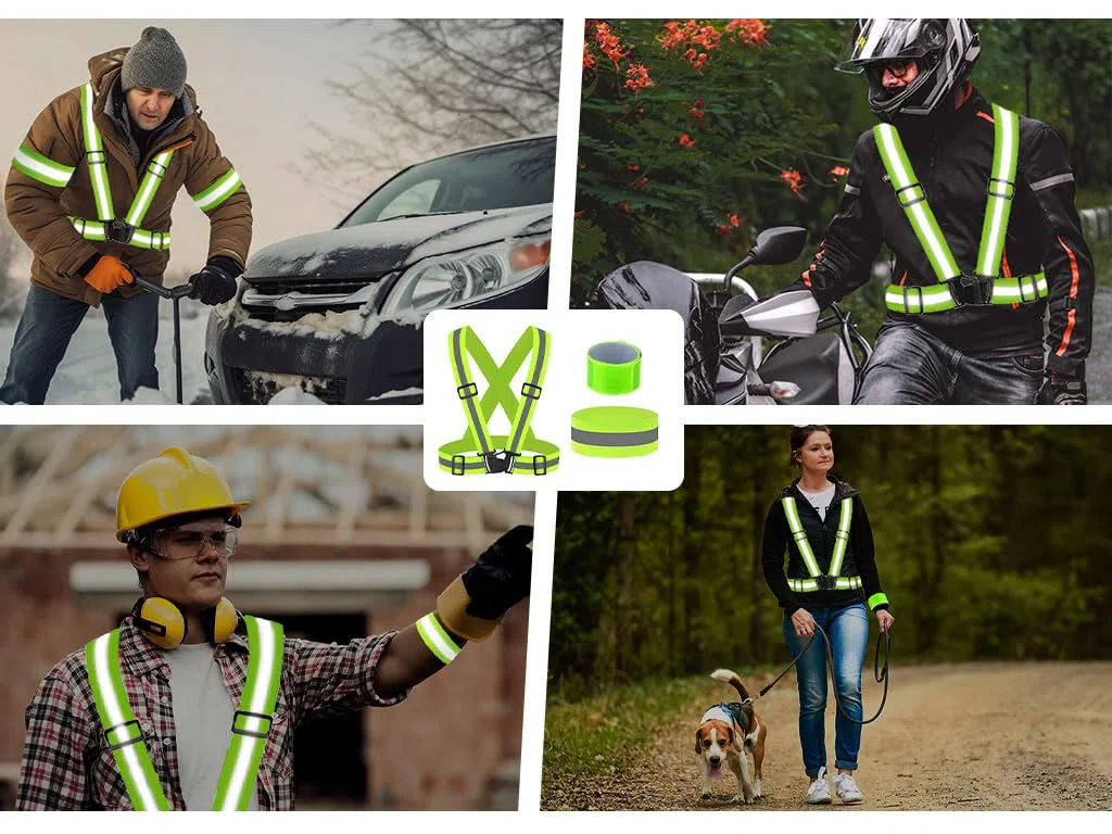Anlising 4PCS Seguridad Chaleco Reflectante Moto+4PCS Bandas Reflectoras+4PCS Brazalete Reflectante, Ajustable Visibilidad Alta Chaleco Reflectantes con Bolsa, para Correr,Senderismo,Ciclismo