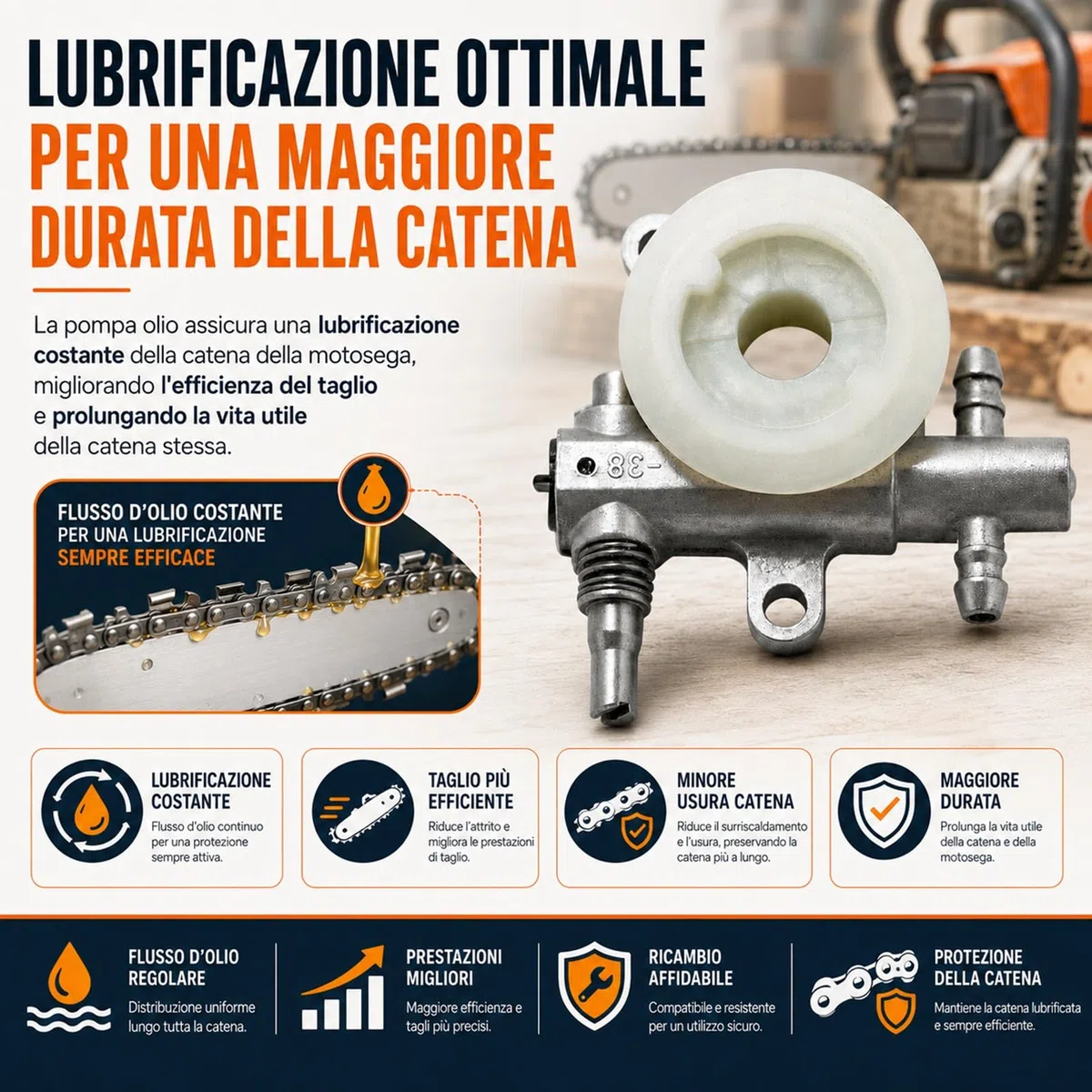 Bomba de aceite de cadena de tornillo para motosierra – Se adapta a 25 cc/38 cc – Compatible con Husqvarna, EFCO, Oleo Mac, y otras marcas – Fácil instalación – Alta calidad