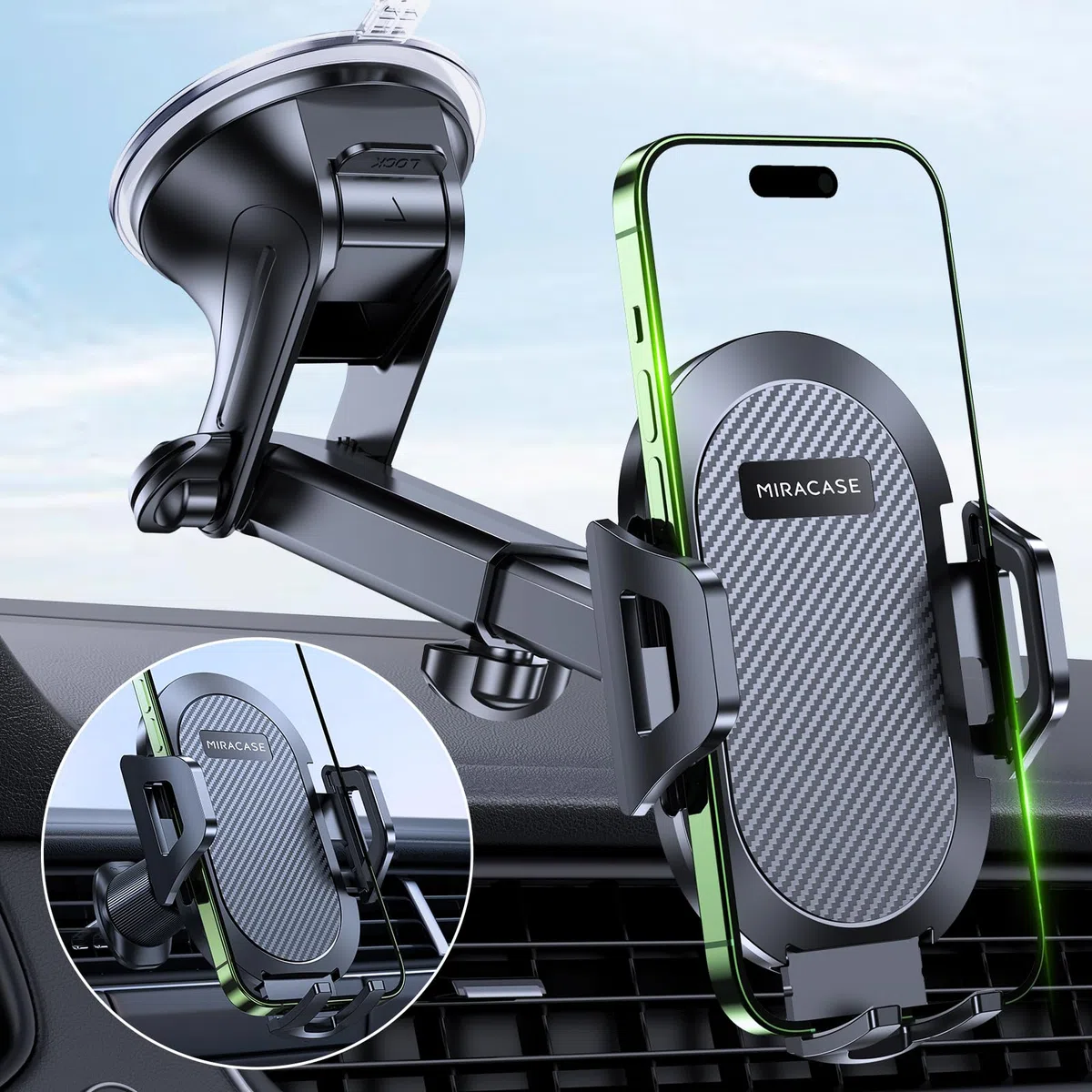 Miracase Soporte Movil Coche [Ultra Estable y Potente Ventosa] Suporte Telemovel Carro para salpicadero y Parabrisas y Aire Ventilación [3 en 1] Porta Movil Coche para Teléfonos de 4-7''