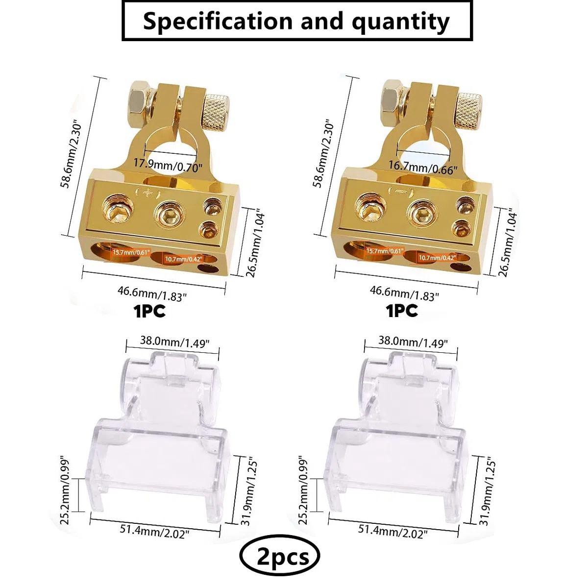 HUAZIZ 2PCS Terminales de Bateria de Coche 2/4/8/10 AWG Conectores de Batería Abrazadera de Terminal Positivo Negativo +/- con Cubierta Protectora Transparente, Oro