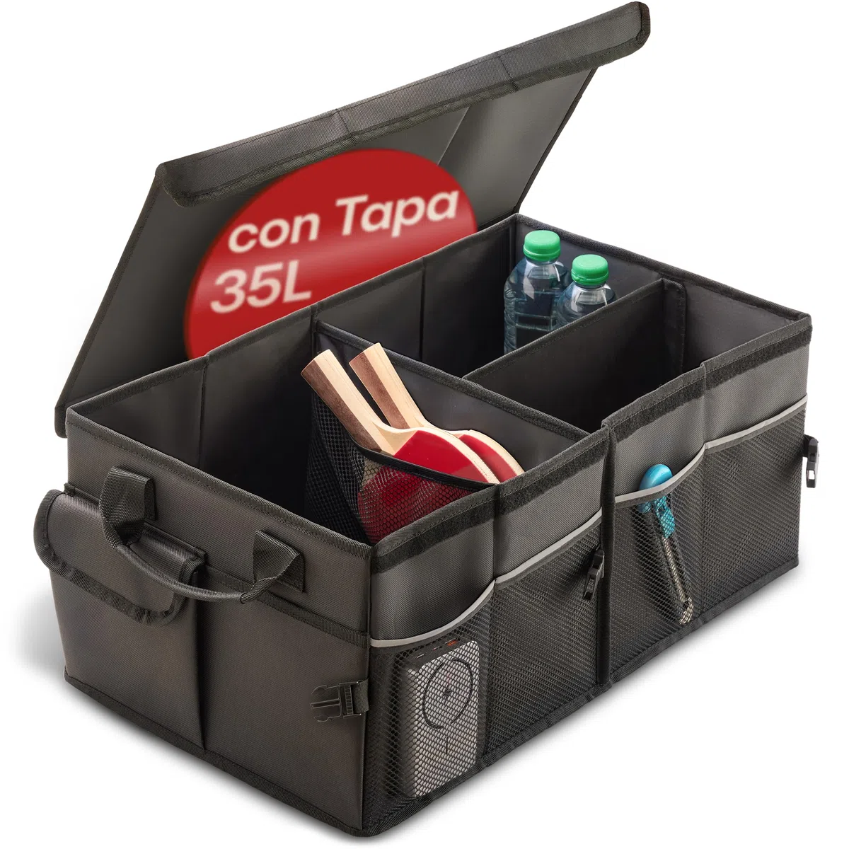 Praknu Organizador Maletero Coche con Tapa Pequeño 35L – Plegable a 15L – 3 Compartimentos con 11 Bolsillos – Repelente al Agua y Antideslizante – Fácil de Transportar