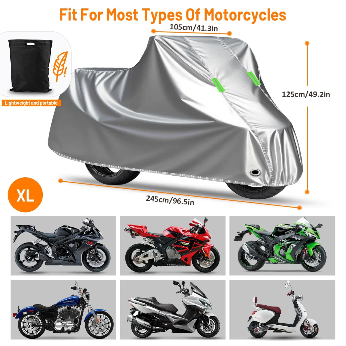 D-Lumina Funda Moto Impermeable, Poliéster 210D Antirrobo Universal, para La Mayoría de Motocicletas,Scooter,Vespa,Etc. (245x105x125cm) XL