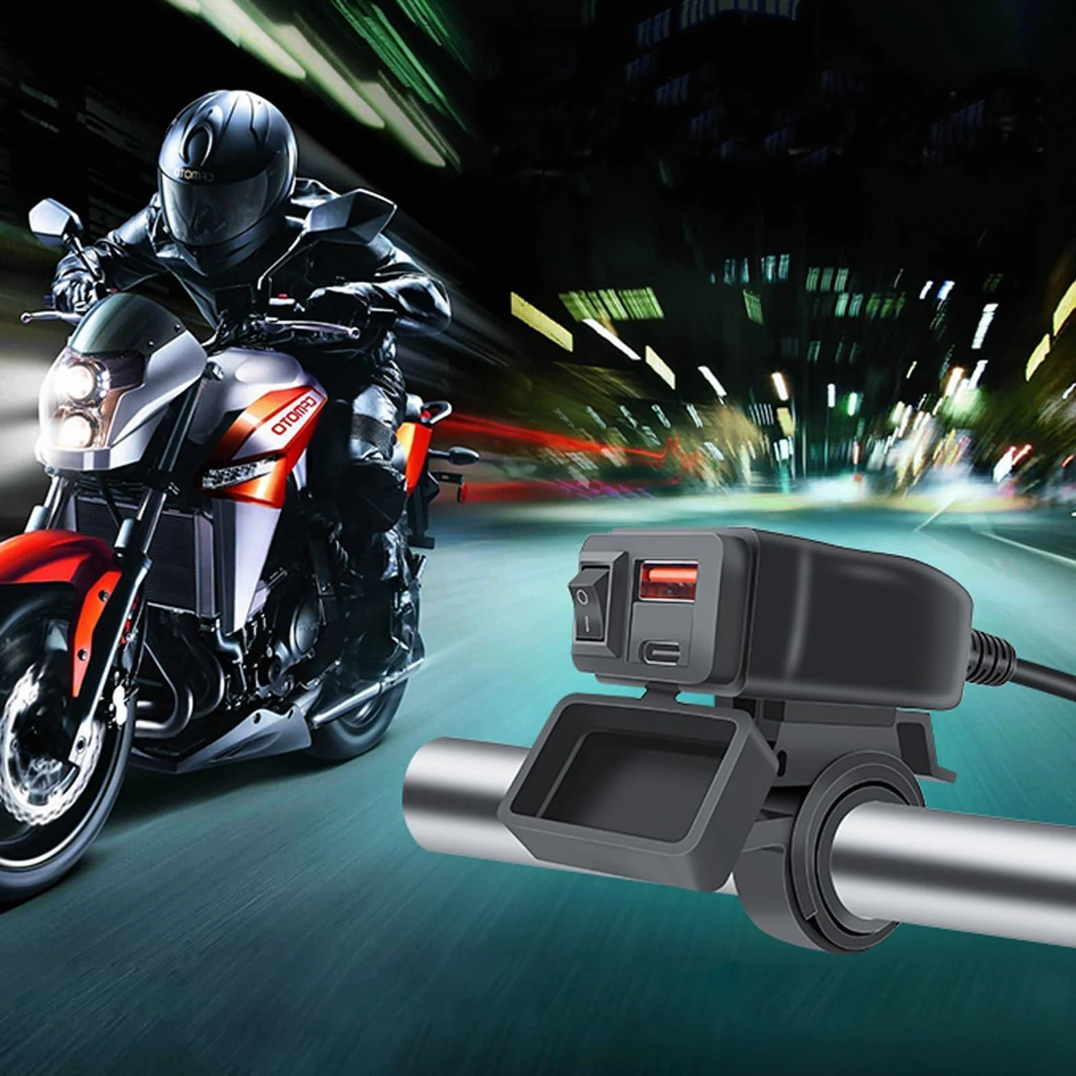 Cargador USB para Moto 48W, IP65, 2 Puertos (QC3.0 18W + PD3.0 30W) con Interruptor y Voltímetro LED, Toma USB-C 12-24V – para Viajes/Exteriores – Compatible con Teléfonos/GPS/Cámaras