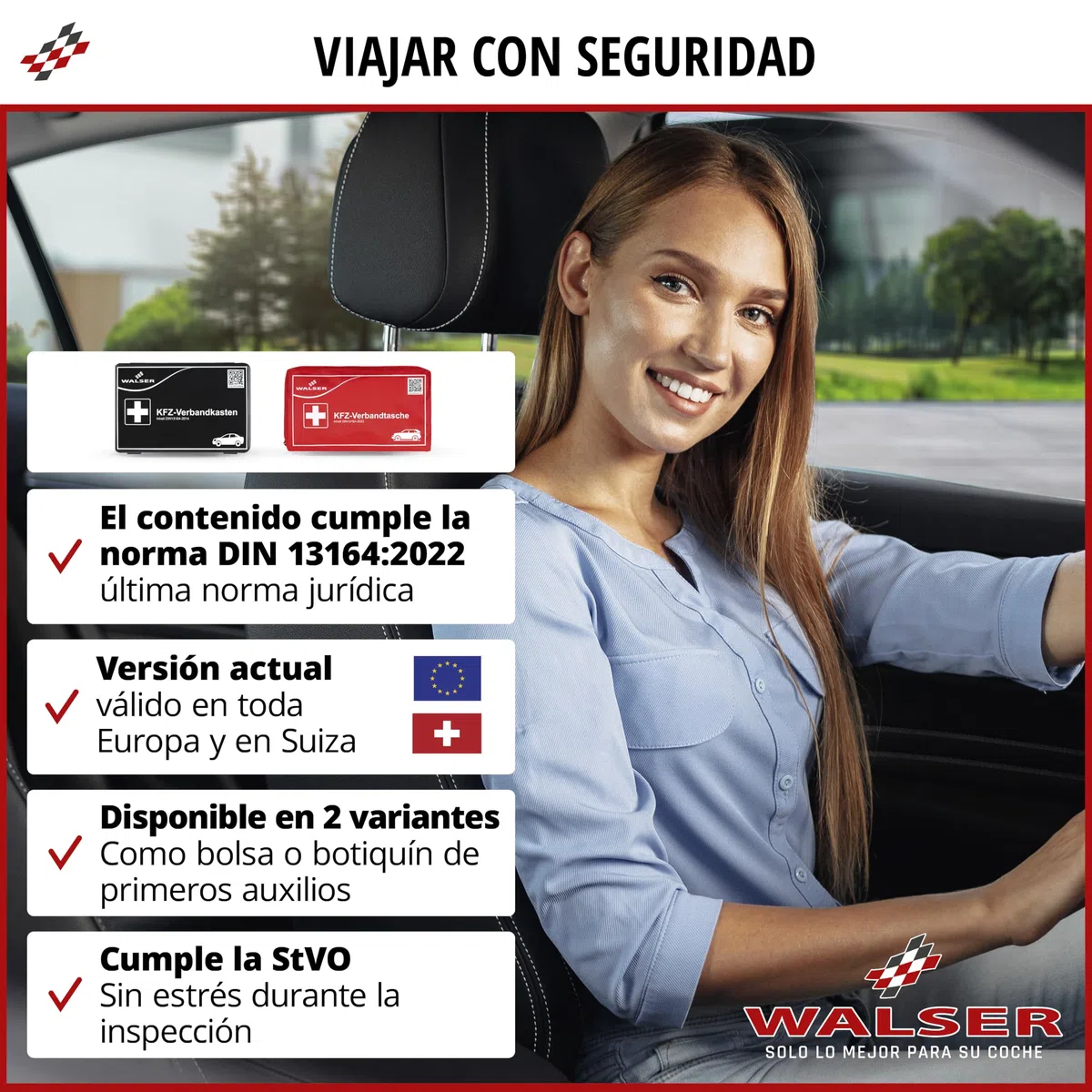 WALSER Bolsa de primeros auxilios para coche 2026, kit de primeros auxilios, bolsa de primeros auxilios DIN 13164:2022, kit de primeros auxilios rojo 44283