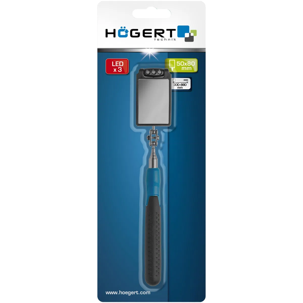 HÖGERT TECHNIK Espejo telescópico de inspección 50 x 80 mm con LED, extensible de 30 a 88 cm, cabezal de espejo giratorio, espejo telescópico con luz, espejo de inspección extensible, herramienta de