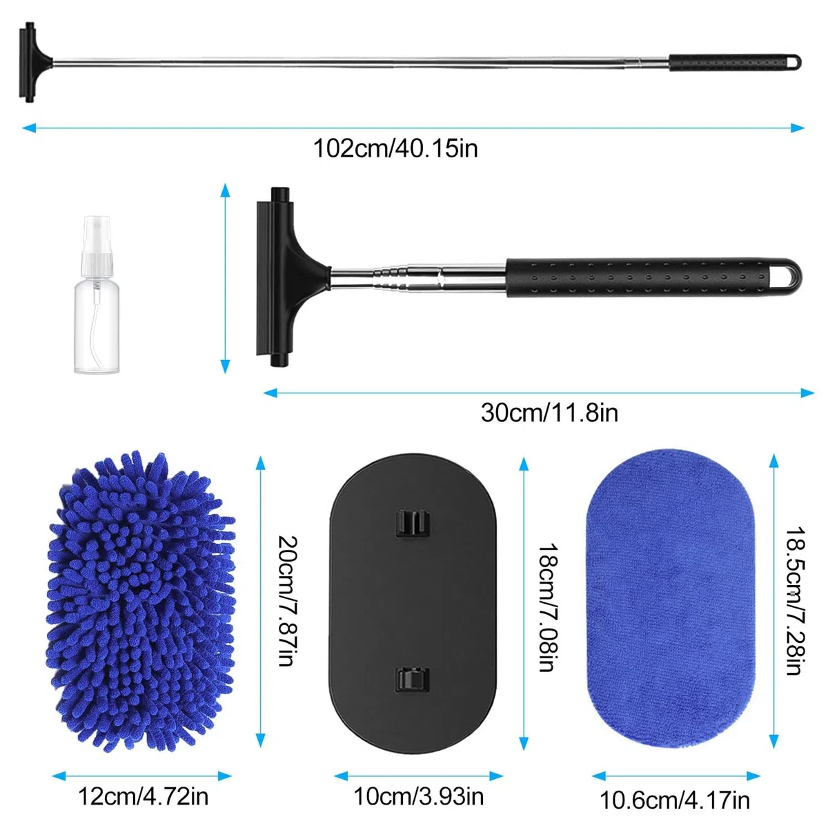Cepillos Limpiacristales para Coches, Limpiaparabrisas Telescópico 3 En 1, RetráCtil hasta 106 cm, con Paño de Microfibra, Apto para Todo Tipo de Carrocerías, Espejos, Cristales (Azul)