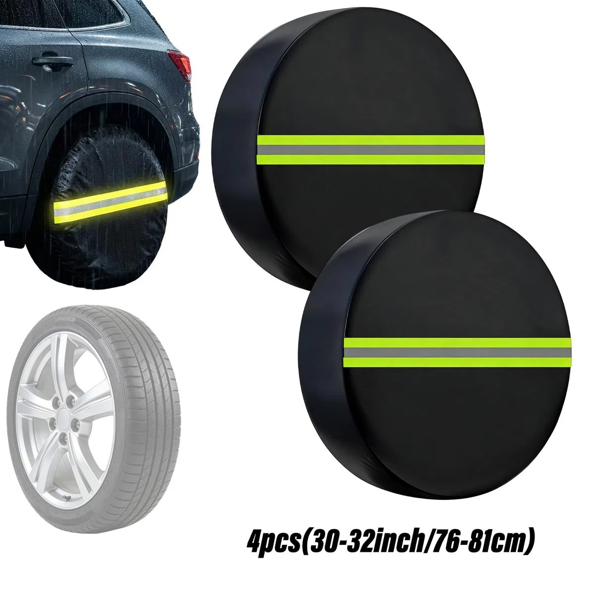 4 Piezas Bolsas para Neumáticos, Funda Protectora para Ruedas， Resistentes al Agua con Bandas Reflectantes Verdes, Funda Rueda Repuesto para Ruedas de Coche, SUV y Camión