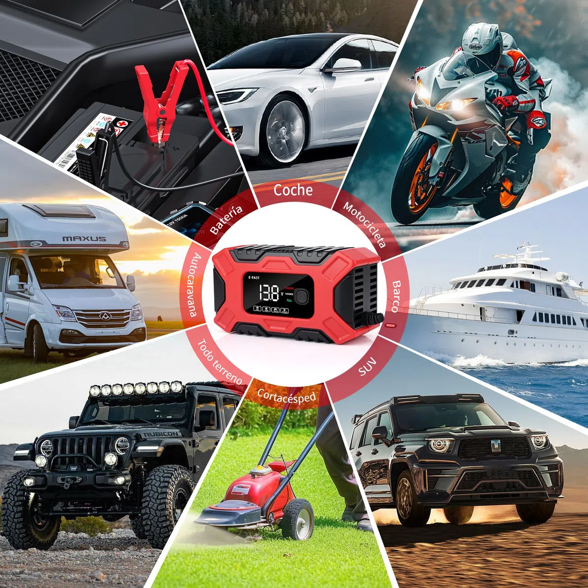 Cargador Baterias Coche, 12V 6A Cargador de Batería de Coche Inteligente con Reparación y Pantalla LCD, Múltiples Protecciones, Cargador de Batería para Automóviles Moto AGM, Gel, SLA