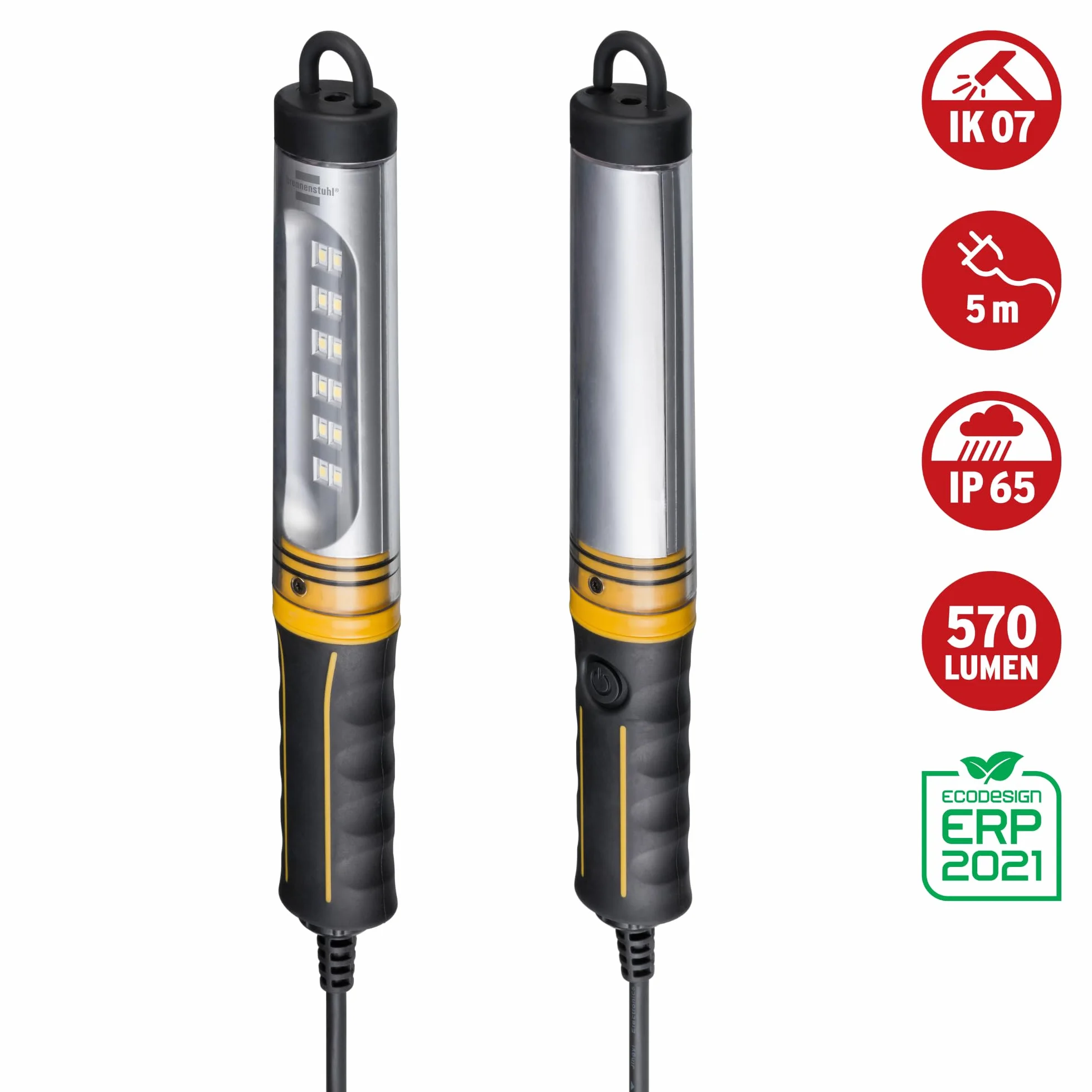 Brennenstuhl Luz de trabajo regulable SMD LED, 12 x SMD LED 570 lm, práctica y resistente, luz de taller con protección IP65 e IK07, cable de 5 m